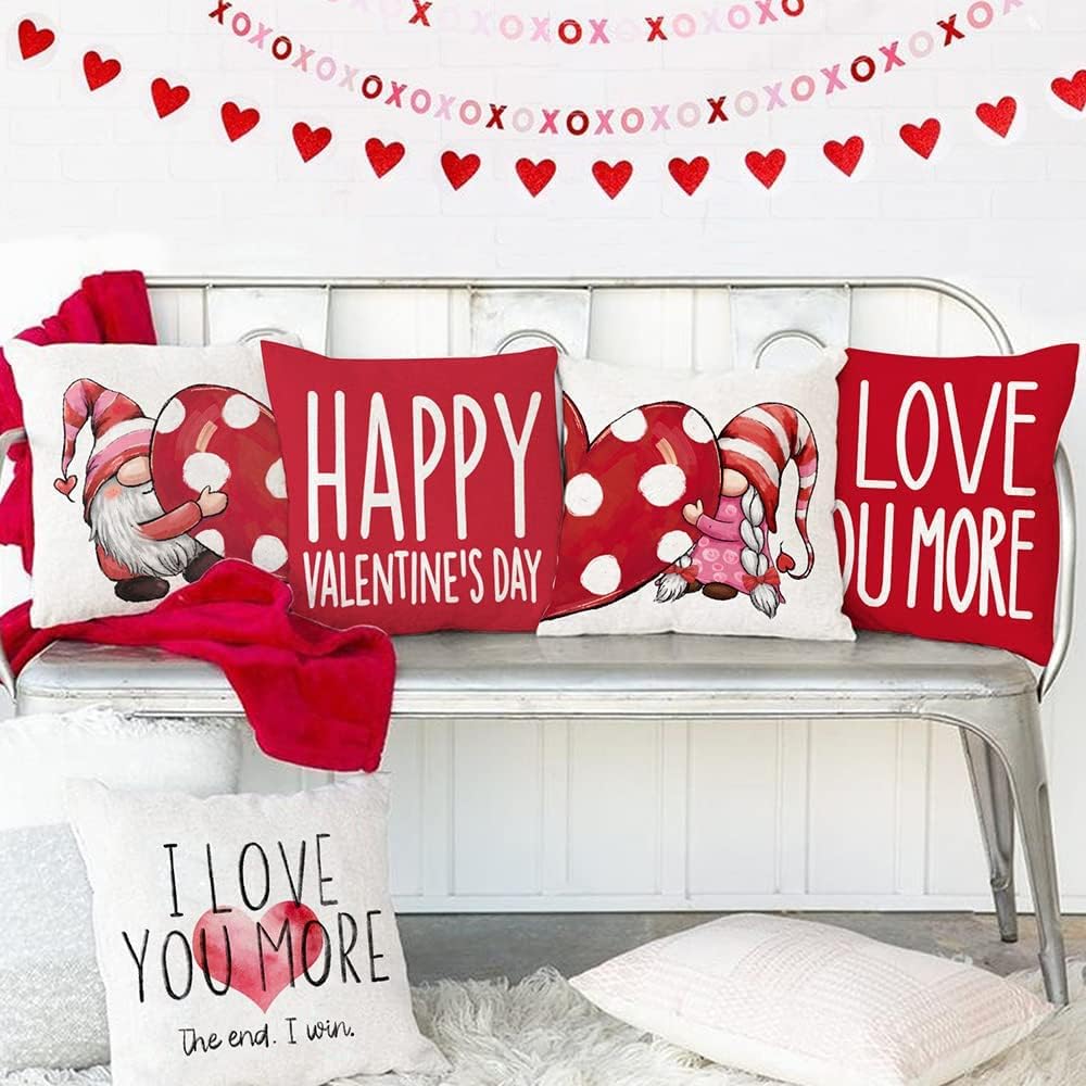 Valentine's Day Pillow Covers 20x20 Inch Set of 4 - Red Polka Dot Heart Gnome Decor for Home, Couch & Bedroom - Romantic Throw Pillow Covers for Valentine's Gifts, Couples & Anniversary Decorations