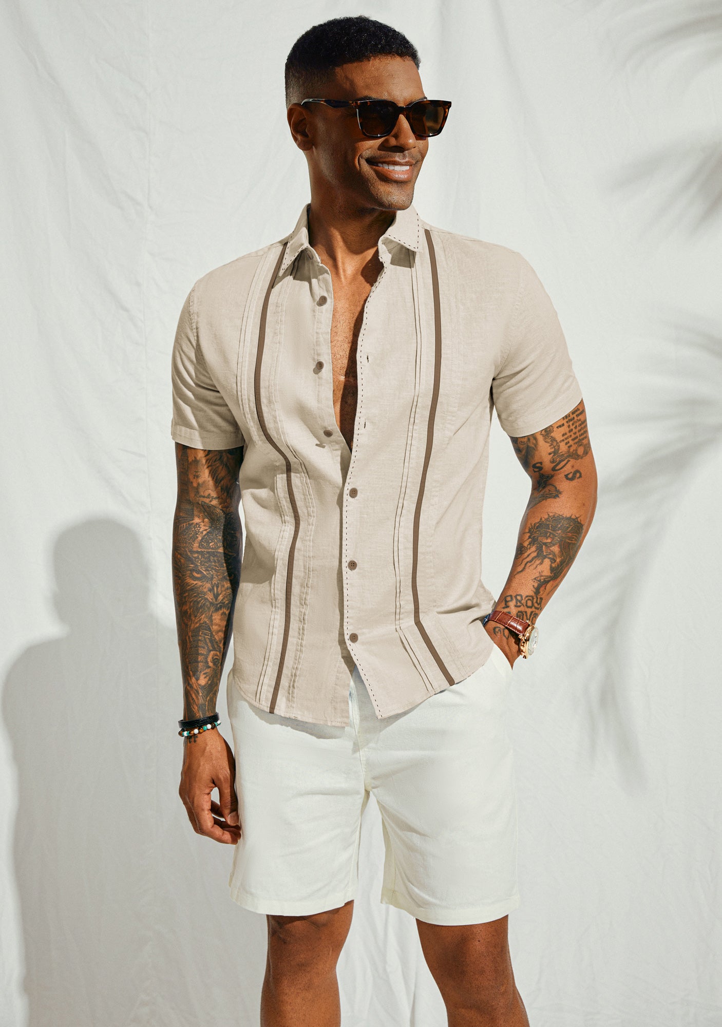 Men's Casual Linen Guayabera Shirt - Cuban Style Button Down Cardigan with Color Block Stripes | Breathable Cotton Beach Shirt for Summer Vacation & Tropical Outings