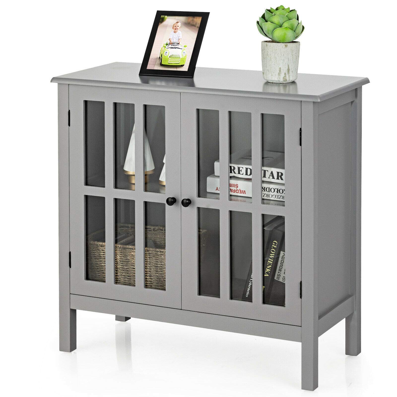 Modern Elegant Storage Buffet Cabinet Console Table Sideboard with Glass Door - Sturdy & Durable Free Standing Furniture for Bathroom, Hallway, Living Room - Perfect for Home Organization & Stylish Decor in Gray