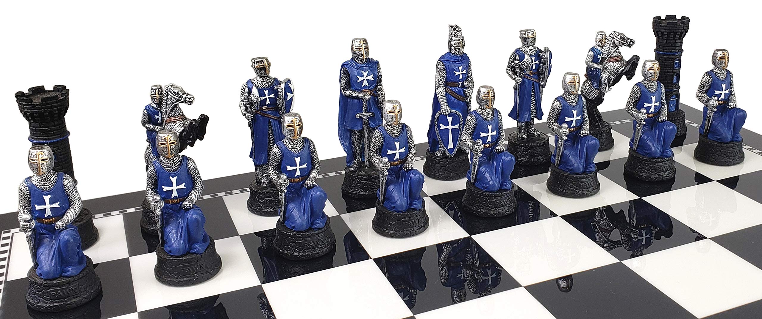 Medieval Crusades Red & Blue Maltese Knights Chess Set - 17 Inch Black & White Storage Board - Perfect for Collectors & Historical Game Enthusiasts