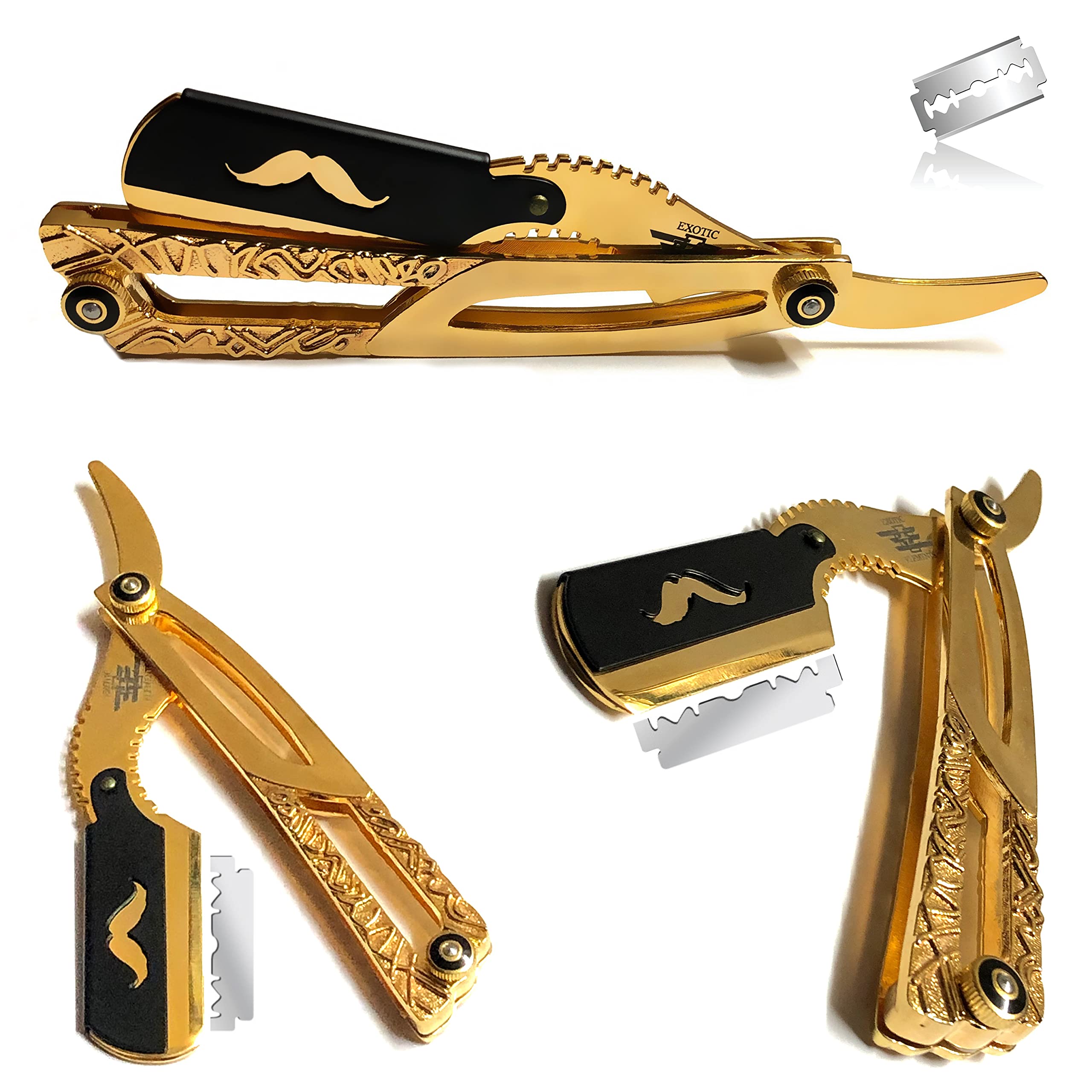 Premium Gold-Plated Barber Straight Razor - Classic Folding Shaving Razor with Black Handle & Recyclable Blades for Men's Grooming, Shaving & Beard Care | Professional Salon & Home Use