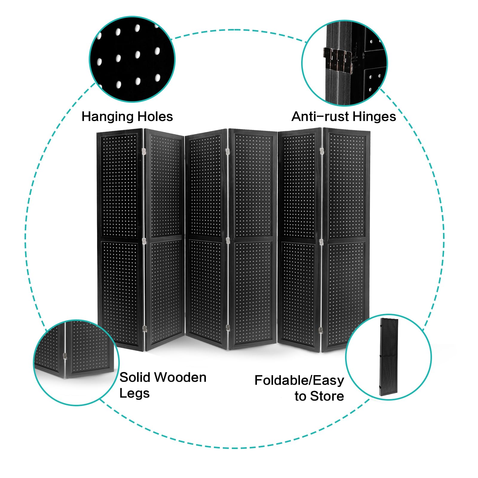 Babion 6 Panel Pegboard Display Stand - Freestanding Folding Room Divider & Privacy Screen for Craft Shows, Trade Shows & Retail Displays - Black Peg Board Organizer for DIY Projects & Home Office Use