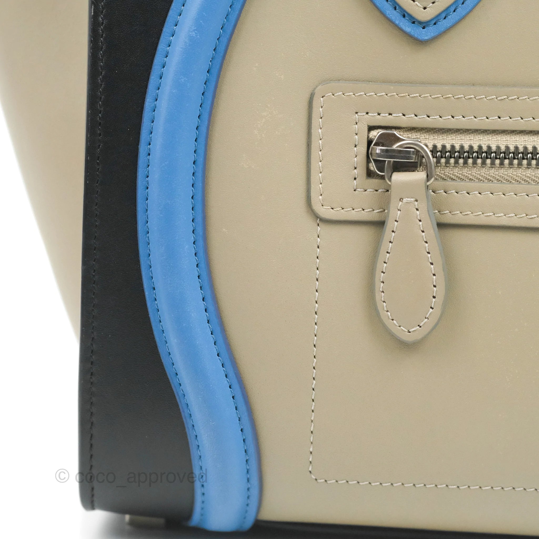 Celine Micro Luggage Bag in Taupe, Blue & Black Calfskin Leather - Perfect for Work, Travel & Everyday Luxury Handbag