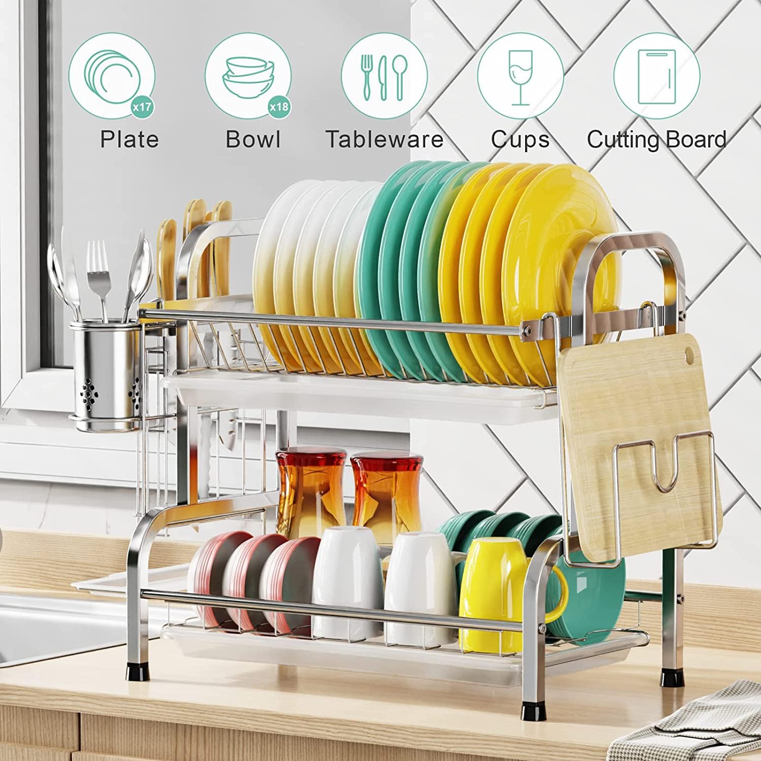 Kesig® 2-Tier Stainless Steel Dish Drying Rack with Drain Board - Space Saving Kitchen Countertop Organizer with Utensil Holder & Cutting Board Storage - Perfect for Small Apartments, RV Kitchens & Dish Drainer Needs (1-Pack)
