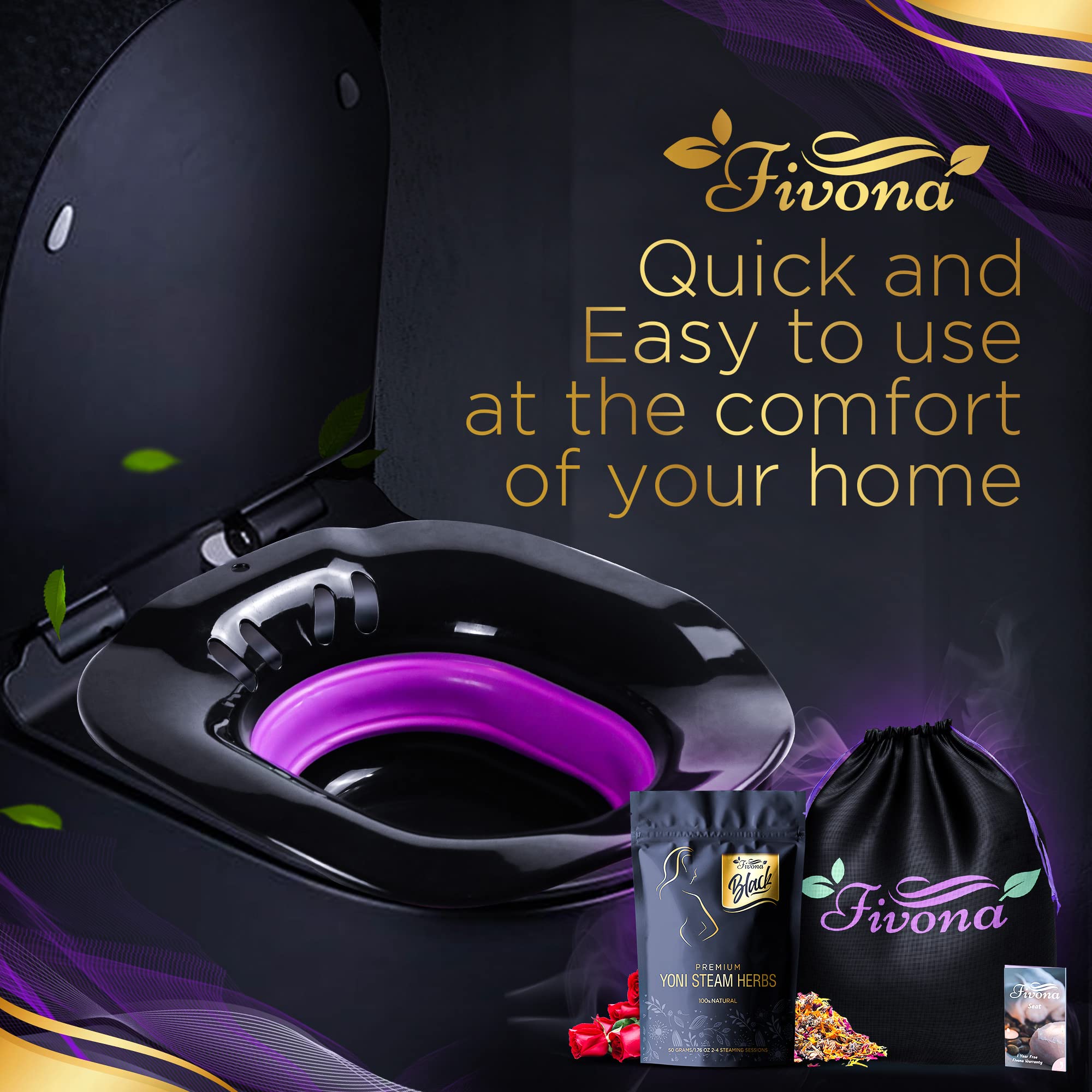 Fivona 3-in-1 Yoni Steam Kit for Women - Foldable Portable Vaginal Steamer Seat with Herbal Blends & Storage Bag - Natural Detox, pH Balance & Relaxation - At-Home V-Spa Treatment for Feminine Care & Wellness (Black)
