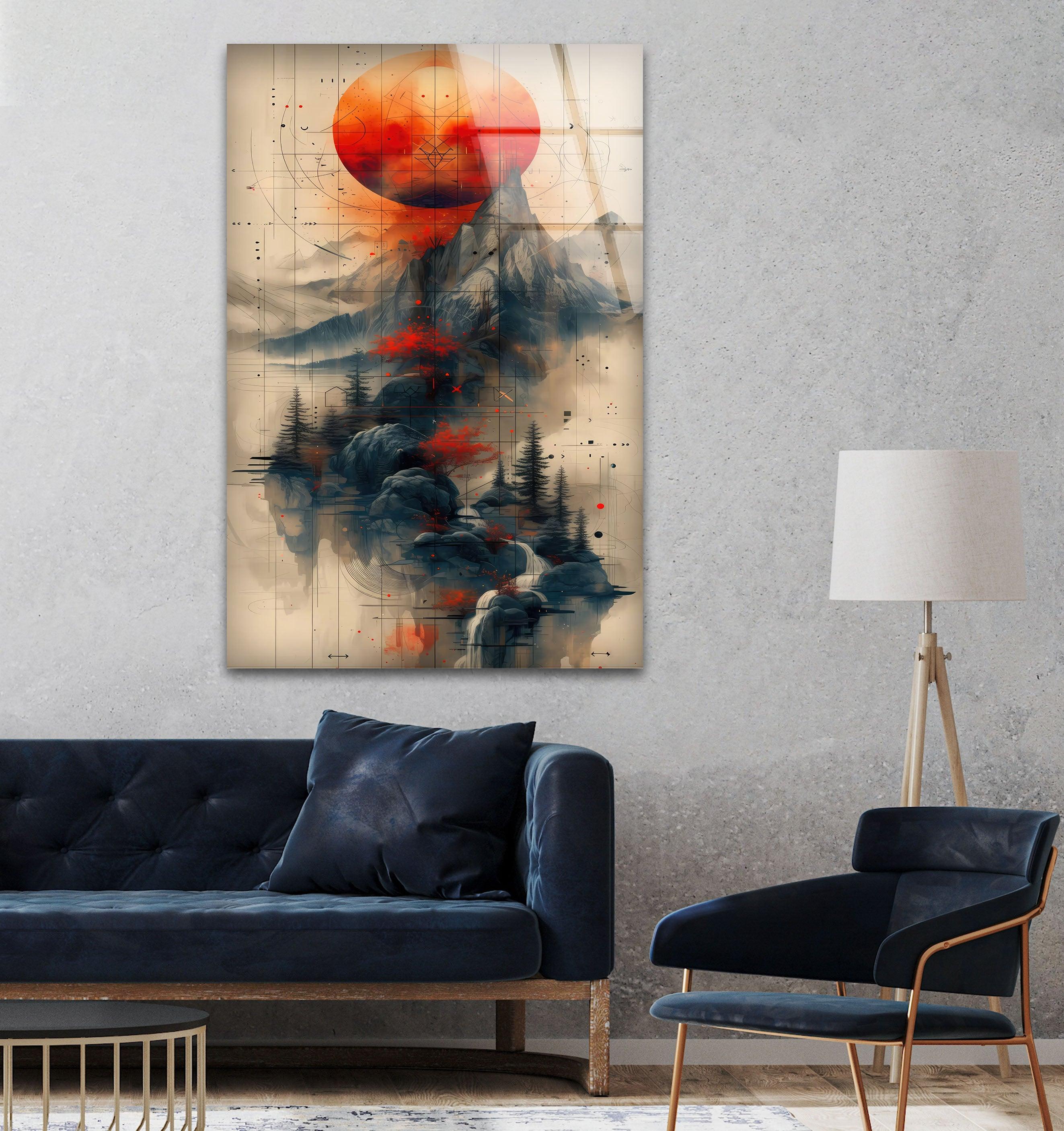 Abstract Mountain Glass Wall Art - Modern Red Sun Landscape Painting for Home & Office Decor | Perfect for Living Room, Bedroom, or Office Spaces