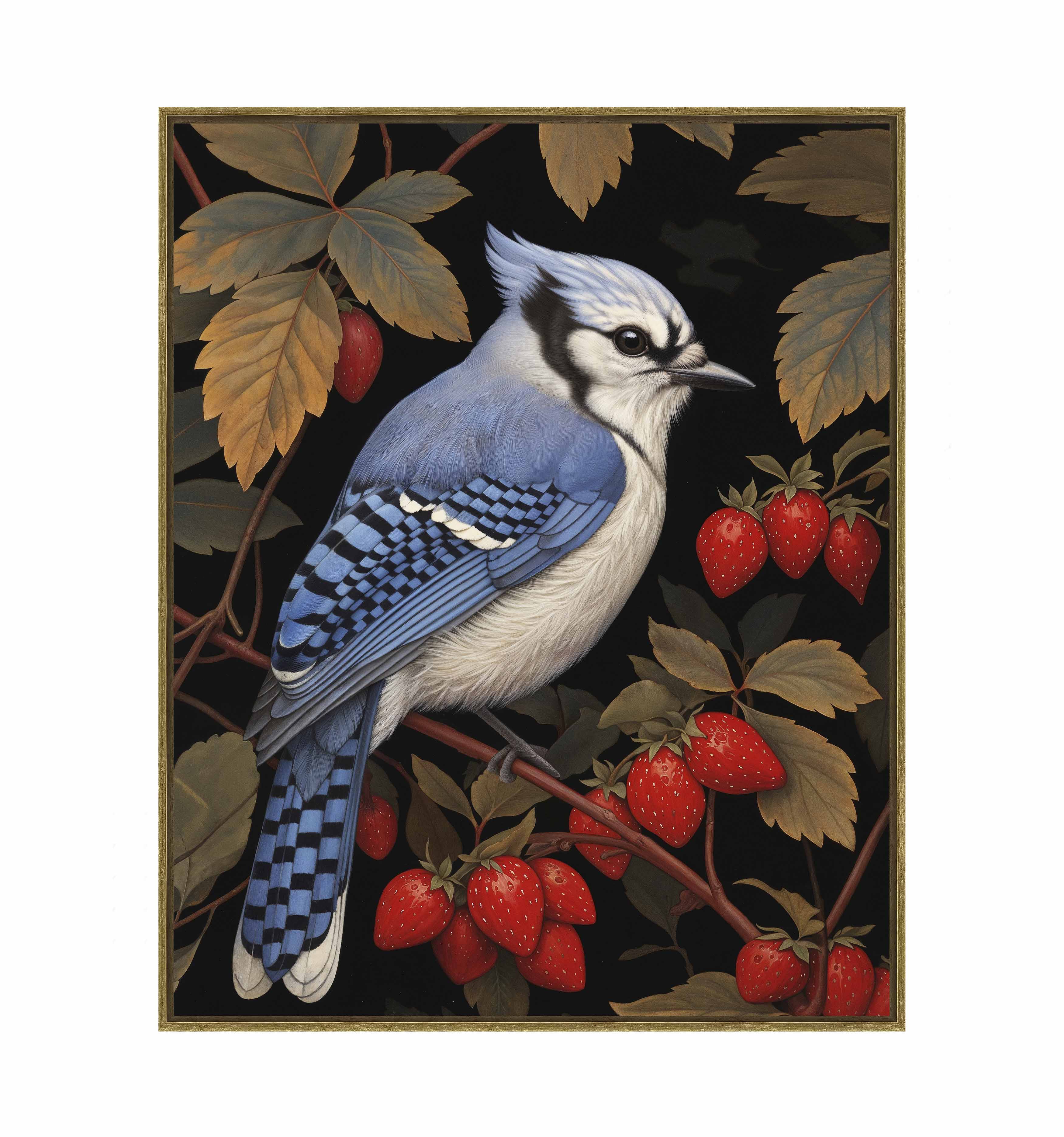 Berry Bliss Blue Jay in Strawberry Patch - Premium Gallery Wrapped Canvas Wall Art for Home & Office Decor | Perfect for Living Room, Bedroom, Kitchen