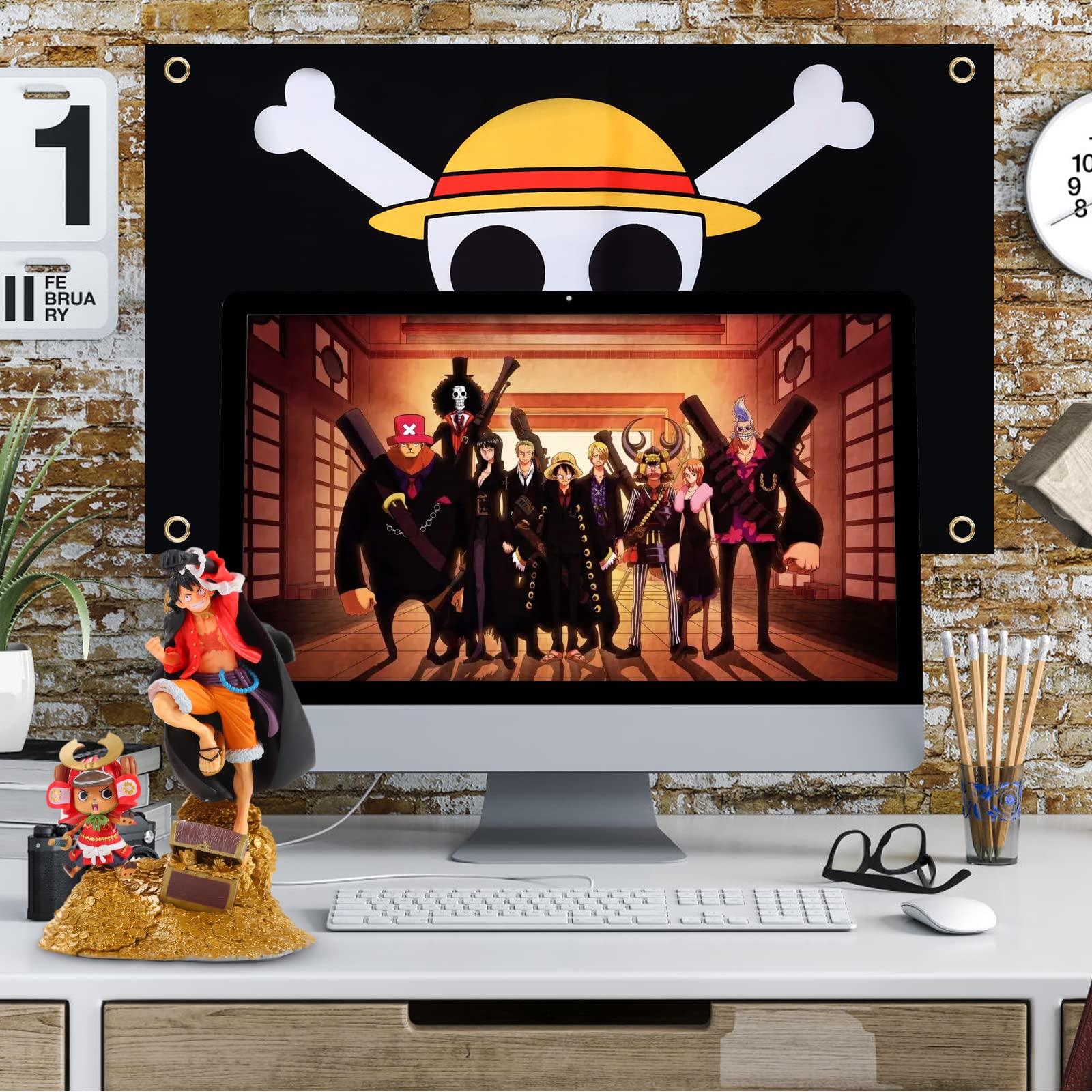 One Piece Luffy Action Figure Collectible Set with Pirate Flag - Perfect for Anime Fans, Display & Collection | Anime Room Decor, Gift for Anime Lovers