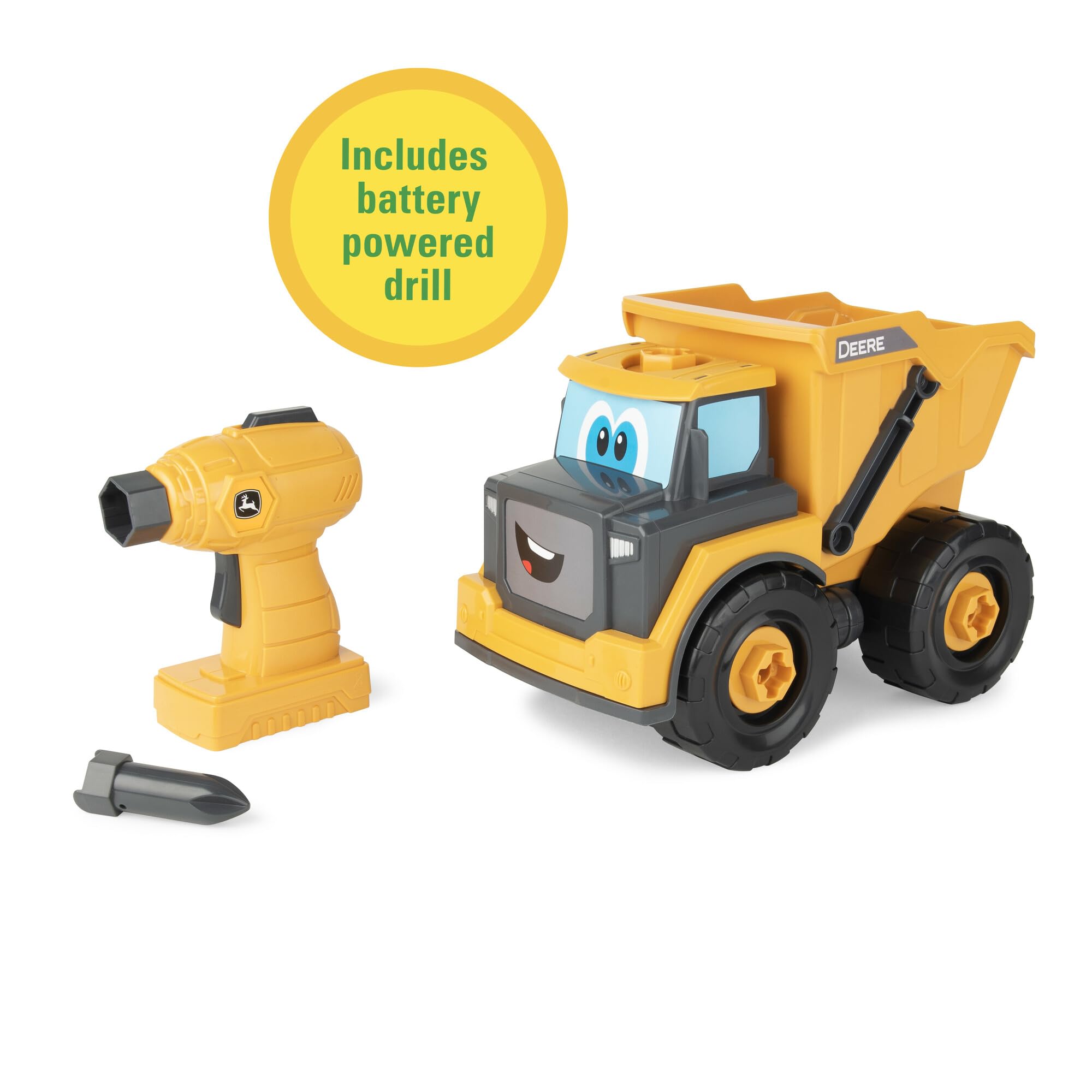 Build-A-Buddy John Deere Dump Truck Toy - STEM Building Take Apart Construction Truck with Toy Drill - AA Batteries Included - Yellow - Educational Toys for Kids Ages 18 Months+ - Perfect for Indoor Play and Learning