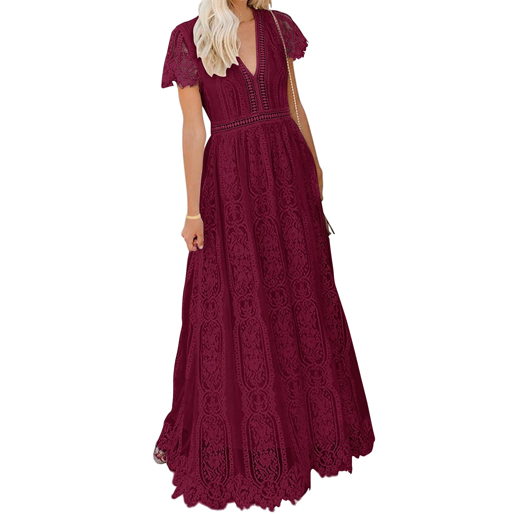BIGSPCE Women's Sexy Floral Lace Long Dress - V-Neck Short Sleeve Bridesmaid Dress for Wedding, Cocktail Party & Formal Dinner | Elegant Evening Gown for Special Occasions