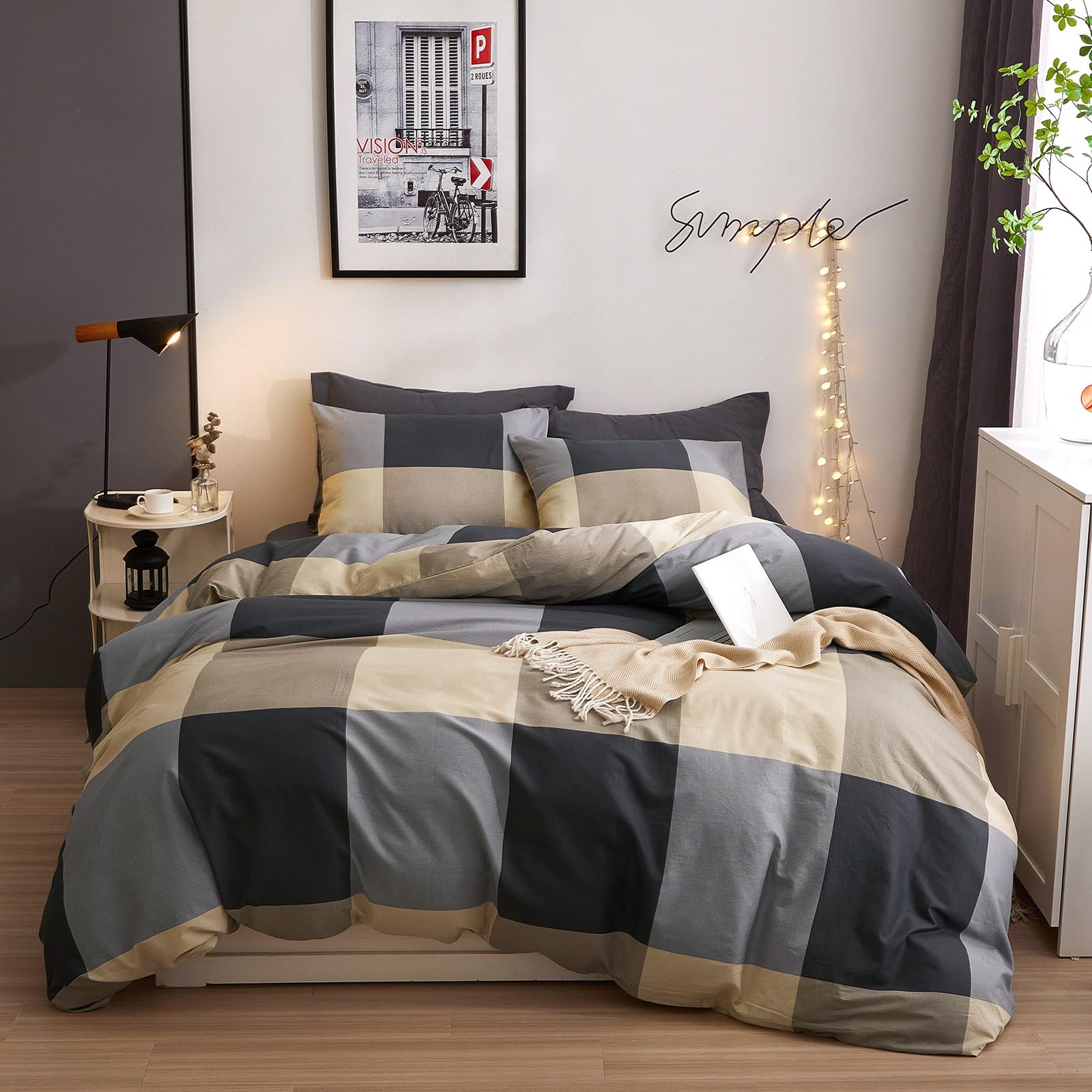 VClife Queen Size Cotton Duvet Cover Set - 3 Piece Modern Geometric Printed Bedding in Beige, Black & Grey | All Season Breathable Duvet Cover with Zipper Closure & Corner Ties | Easy Care for Bedroom, Guest Room & Dorm Decor