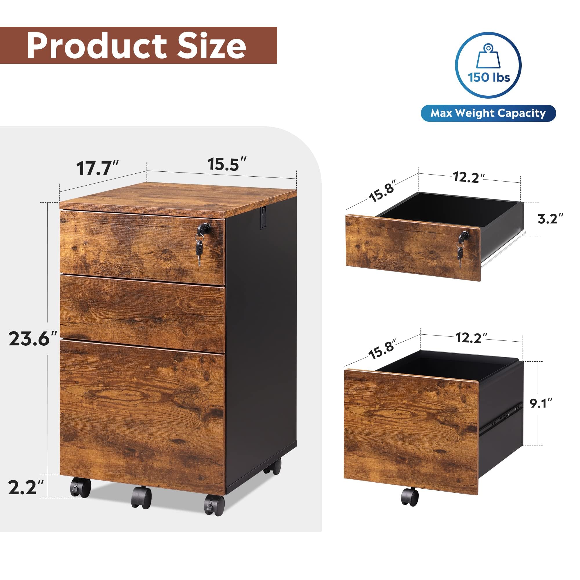 DEVAISE 3-Drawer Rolling File Cabinet with Lock - Wooden Under Desk Storage Organizer for Letter/Legal/A4 Documents - Rustic Brown Home Office Furniture for Small Spaces & Workspaces