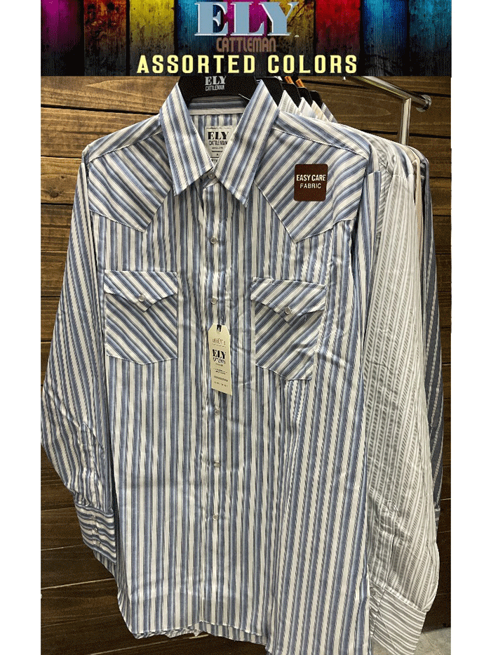 Ely Cattleman 15202903RG Men's Long Sleeve Stripe Western Shirt - Casual Cowboy Style Plaid Button Up Shirt for Rodeo, Country Music Festivals & Outdoor Events (Assorted Colors)