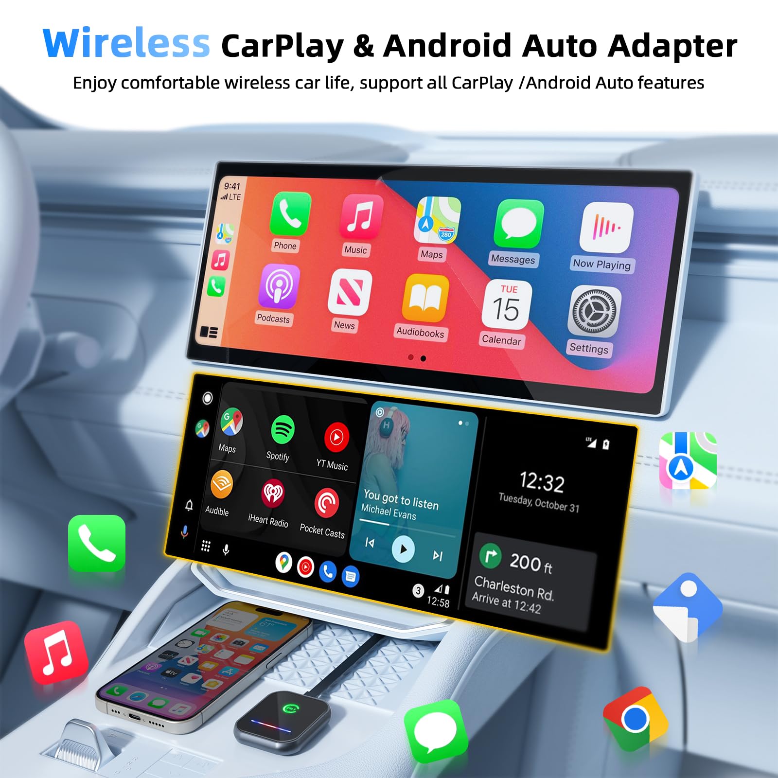 Wireless CarPlay Adapter & Android Auto Dongle 2024 - Convert Wired to Wireless for iPhone & Android - 5GHz WiFi Plug & Play CarPlay Adapter - Compatible with 2016+ Cars (Type-C/USB) - Perfect for Hands-Free Driving & Seamless Music Streaming