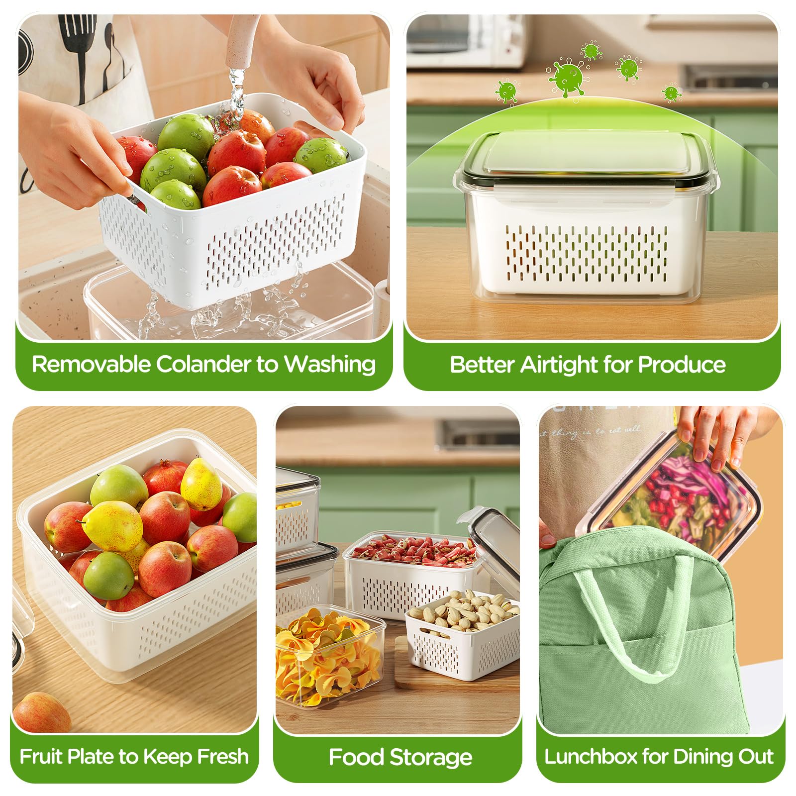 4-Piece Fruit Storage Containers for Refrigerator - Airtight Produce Keepers with Removable Colander & Strainer, Microwave & Dishwasher Safe - Perfect for Storing Berries, Salad Greens, Lettuce & Fresh Fruits in Kitchen or Fridge