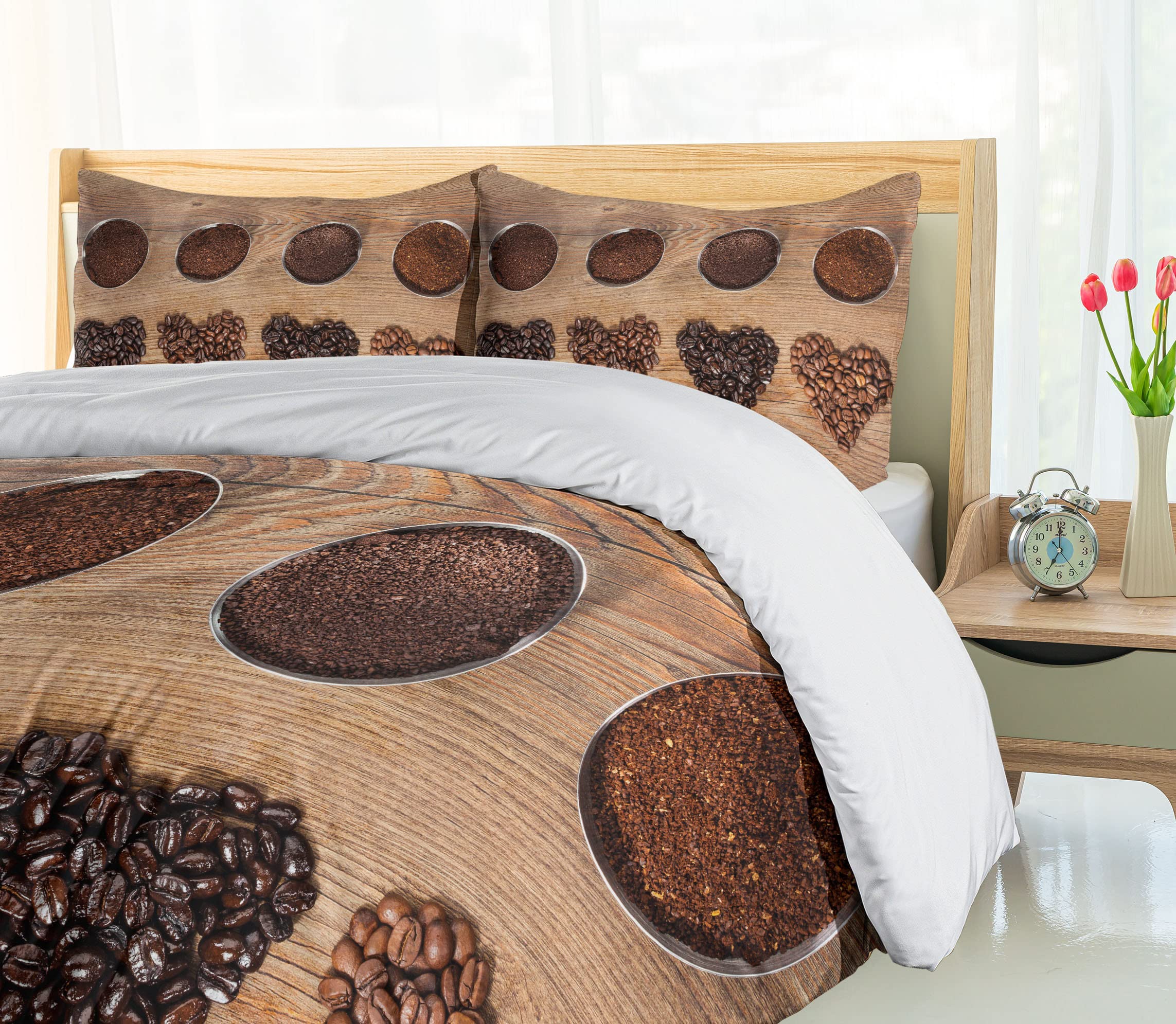 Ambesonne King Size Coffee Duvet Cover Set - Heart-Shaped Coffee Bean Design with 2 Pillow Shams, 3-Piece Dark Brown & Caramel Bedding | Perfect for Coffee Lovers' Bedroom Decor & Cozy Home Styling
