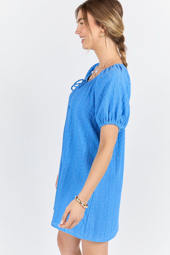 On A Whim Blue Knit Eyelet Short Sleeve Dress - Women's Summer Casual Floral Lace Dress | Perfect for Beach Vacations, Brunch Dates & Outdoor Weddings