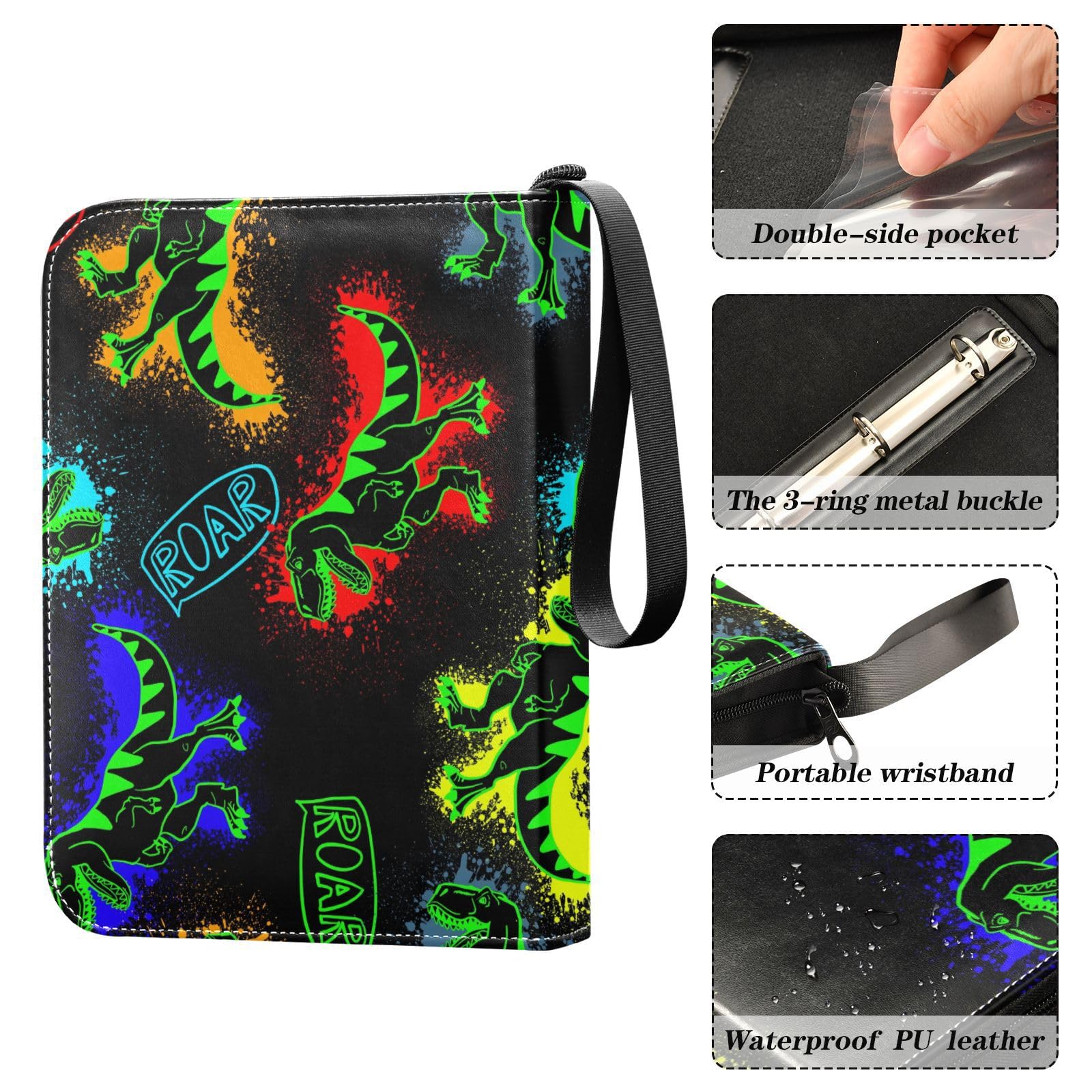 RunningBear 4-Pocket Dinosaur Trading Card Binder with 50 Sleeves - Holds 400 Cards, 3-Ring Display Case for Pokemon, MTG & Sports Cards | Perfect for Collectors & Card Game Tournaments