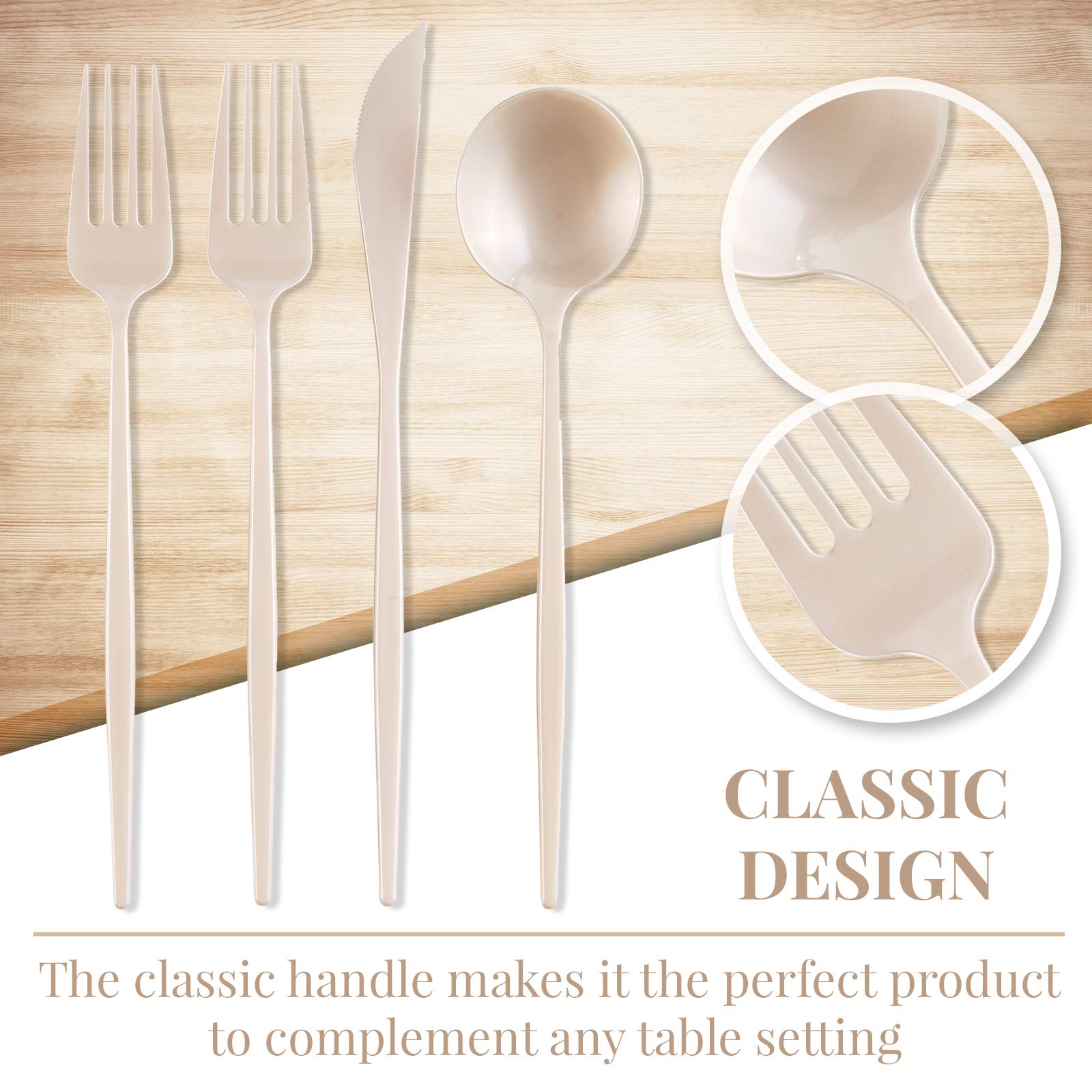 Premium Disposable Flatware Set - 96 pcs Heavy Duty Plastic Cutlery (48 Forks, 24 Knives, 24 Spoons) | Elegant Cream Silverware for Weddings, Parties & Fine Dining | Durable & Stylish Plastic Silverware for Events