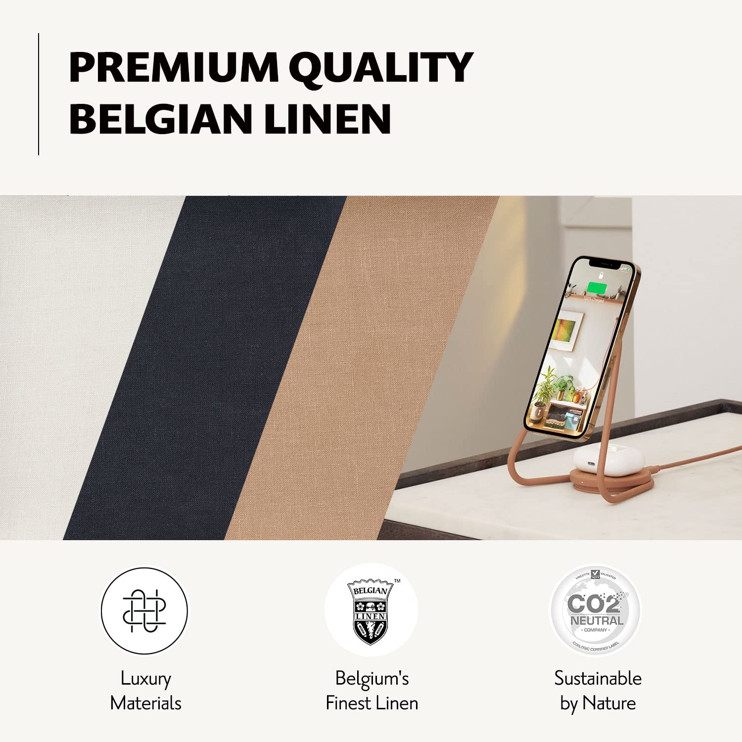 COURANT MAG:2 Wireless Charging Stand - Premium Belgian Linen 2-in-1 Multi-Device Charger with MagSafe for iPhone 16/15/14/13/12 & AirPods Case - Fast Charging Station for Home, Office & Travel (Camel)