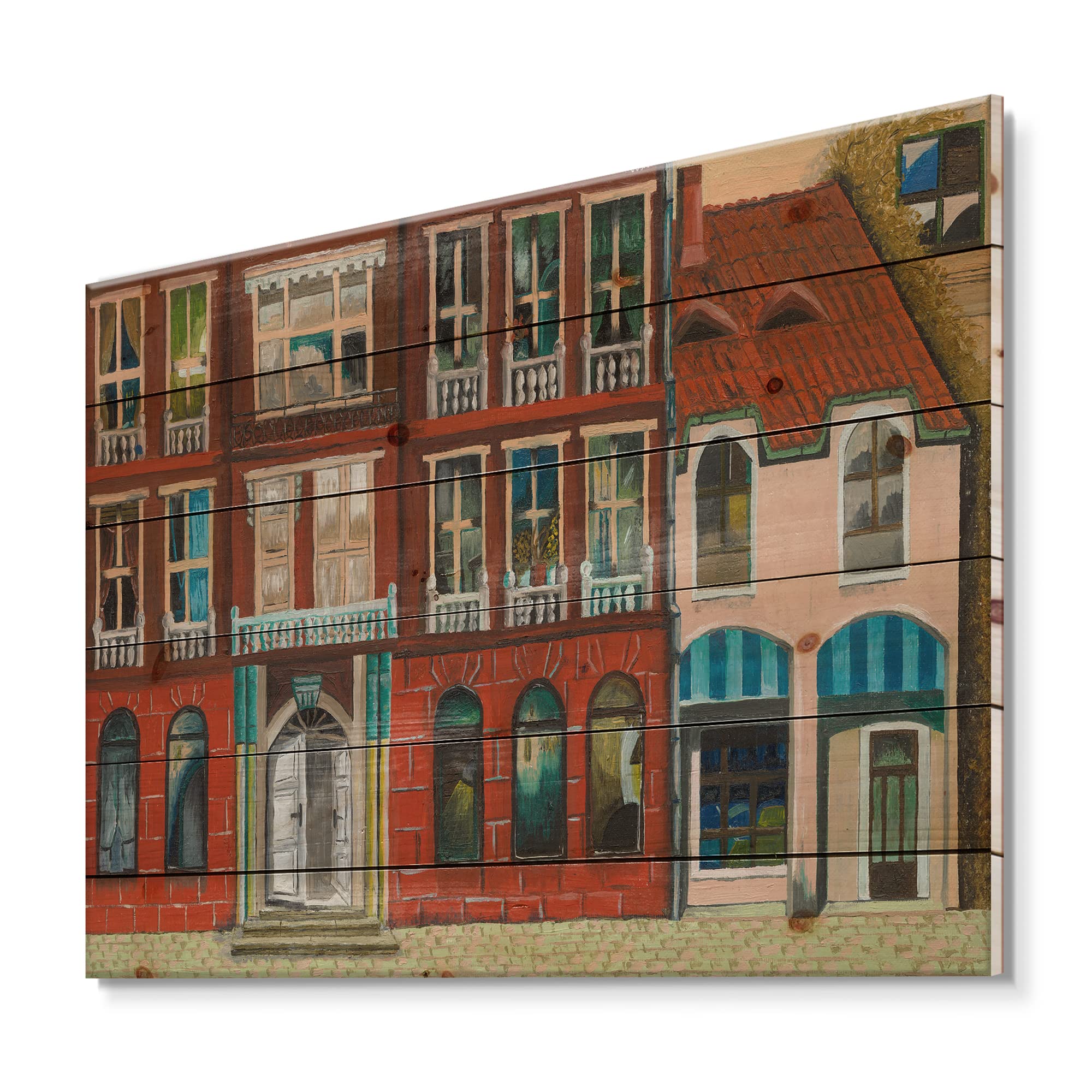 French Country Wood Wall Decor - Red Facade of Paris Shop Art Print on Natural Pine Wood | Large Landscape Wood Wall Panels for Living Room, Bedroom & Office Décor