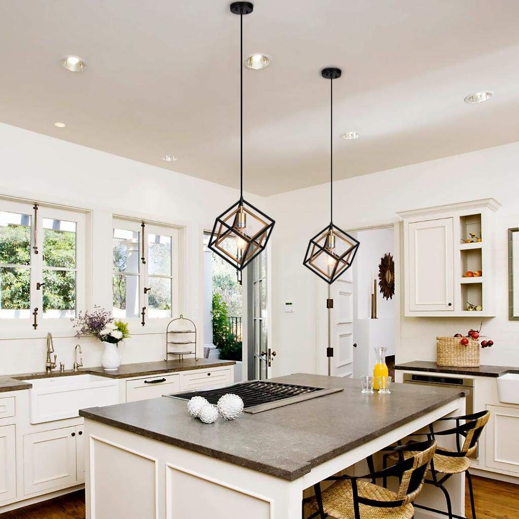 11 Inch Two-Tone Square Metal Cube Mini Pendant Light - Bronze & Oil Brass Geometric Cage Cubist Hanging Ceiling Lamp - Perfect for Loft, Hallway, Dining Room, Bedroom & Modern Interior Decor