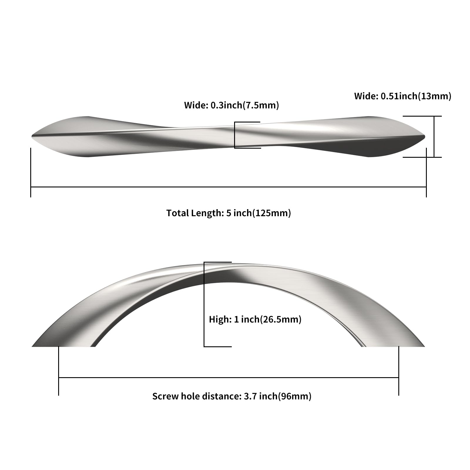 10 Pack Brushed Satin Nickel Cabinet Pulls - 3.75 Inch (96mm) Hole Centers, Arch Twisted Kitchen Cabinet Handles, Durable Zinc Alloy Hardware for Cabinets, Cupboards & Drawers - Perfect for Modern Kitchen & Bathroom Renovations