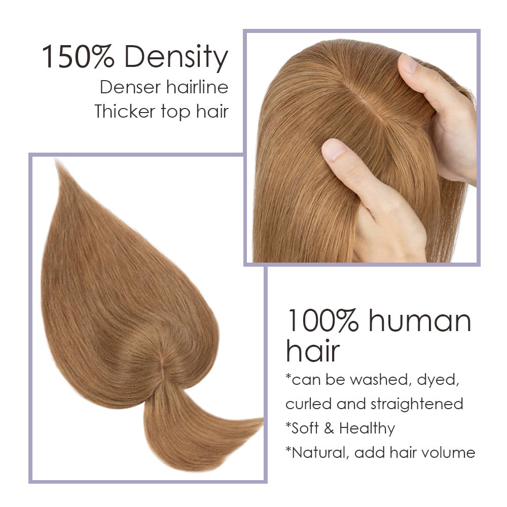 MY-LADY Human Hair Toppers for Women - 150% Density Remy Hair with Silk Base & Bangs - 7x13cm Clip-in Hairpiece for Thinning Hair - 18 Inch Straight #06 Light Brown - Perfect for Daily Wear, Parties & Special Occasions