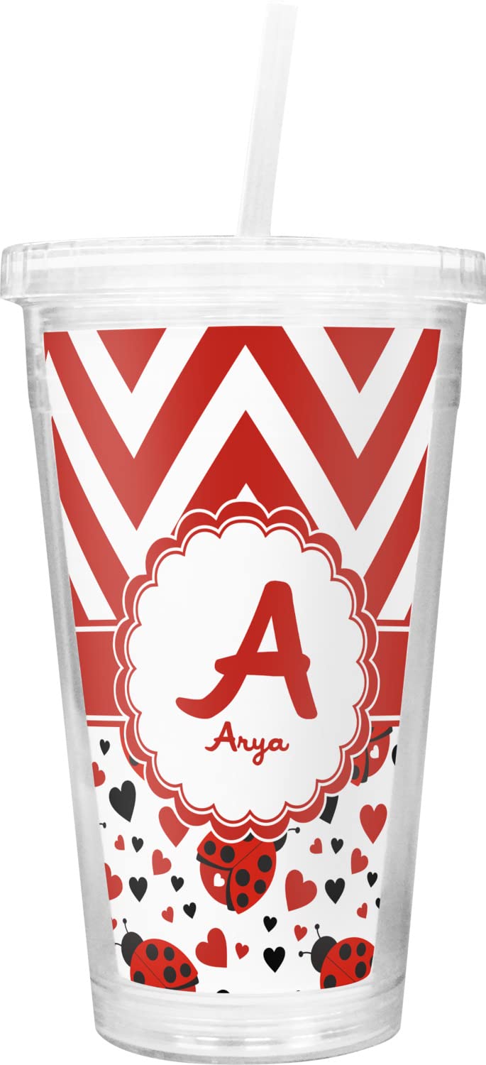 Custom Ladybugs & Chevron Pattern Double Wall Insulated Tumbler with Straw and Lid - Perfect for Iced Coffee, Smoothies, and Outdoor Activities