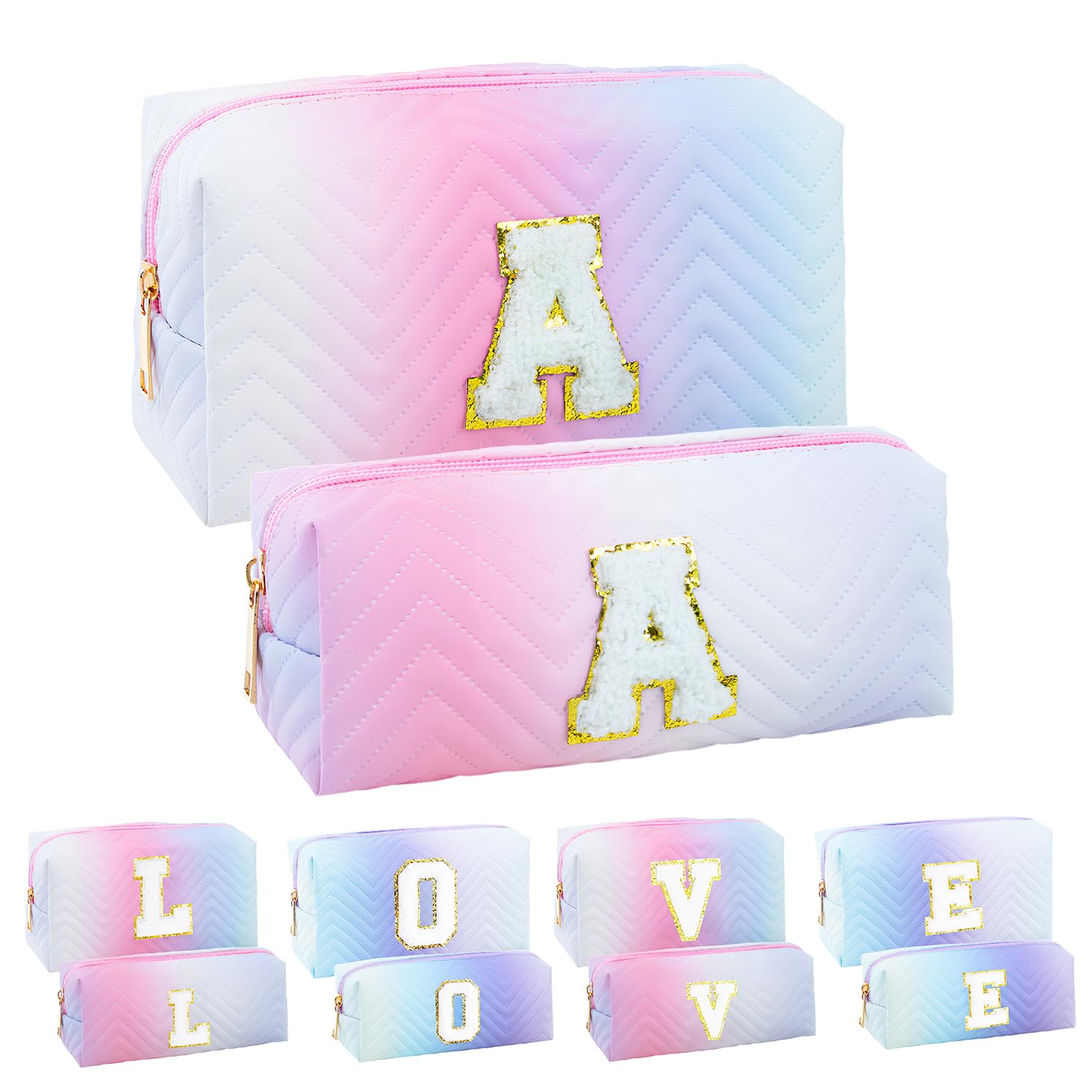 2-Pack Quilted Makeup Bag Set - Large & Small Cosmetic Organizer with Zipper Closure - Perfect for Travel, Toiletries & Purse Organization - Cute Personalized Initial Gift for Women, Teens & Girls (Pink) - Ideal for Daily Makeup Storage, Gym Essentials & Weekend Getaways