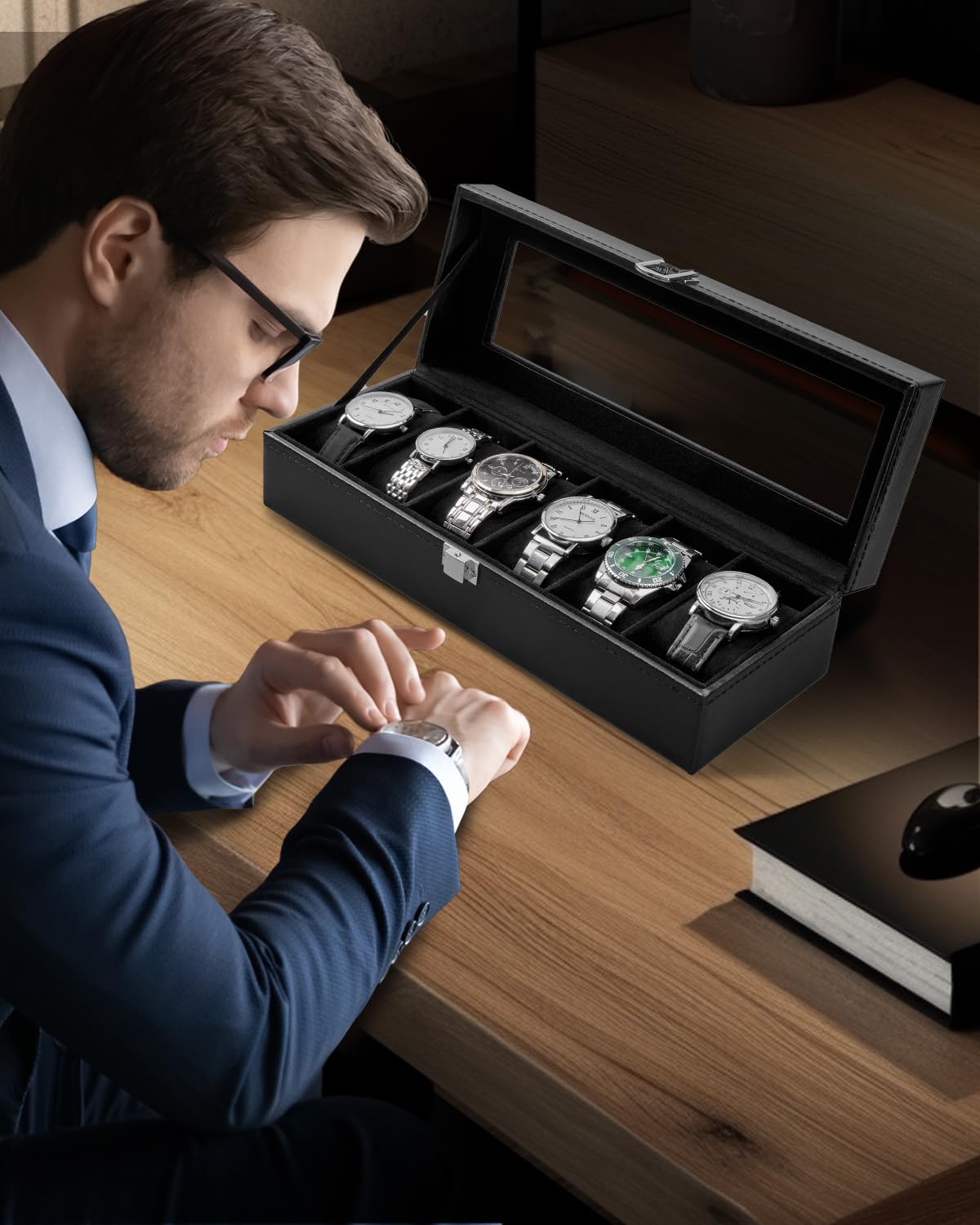 Ohuhu 6 Slot Watch Box with PU Leather & Real Glass Lid - Premium Watch Display & Storage Case for Men & Women - Perfect for Travel, Home, Office & Gift Giving
