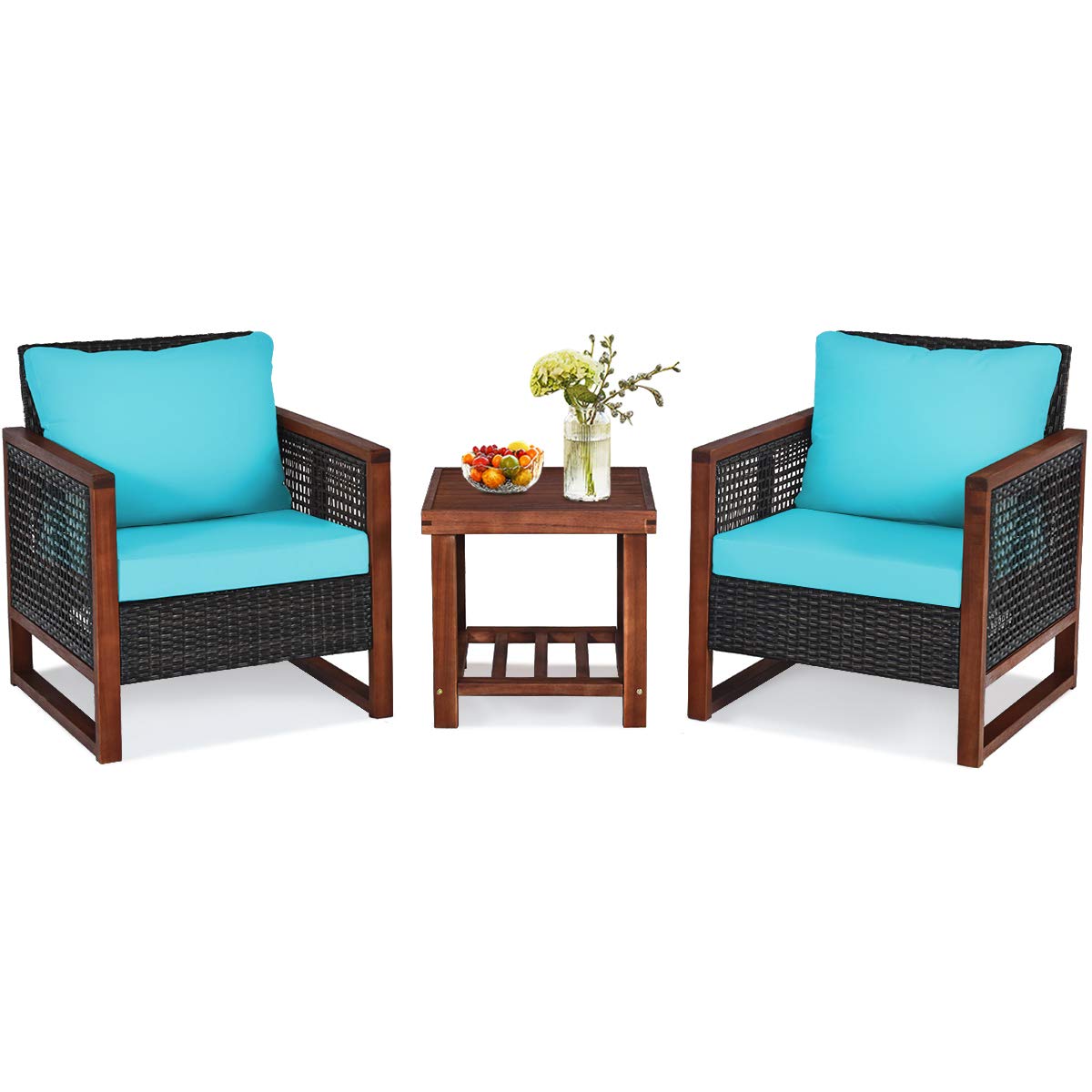 HappyGrill 3-Piece Outdoor Patio Furniture Set - Wicker Chairs with Coffee Table, Acacia Wood Frame & Washable Cushions - Perfect for Garden, Poolside, Backyard, Balcony & Porch Relaxation