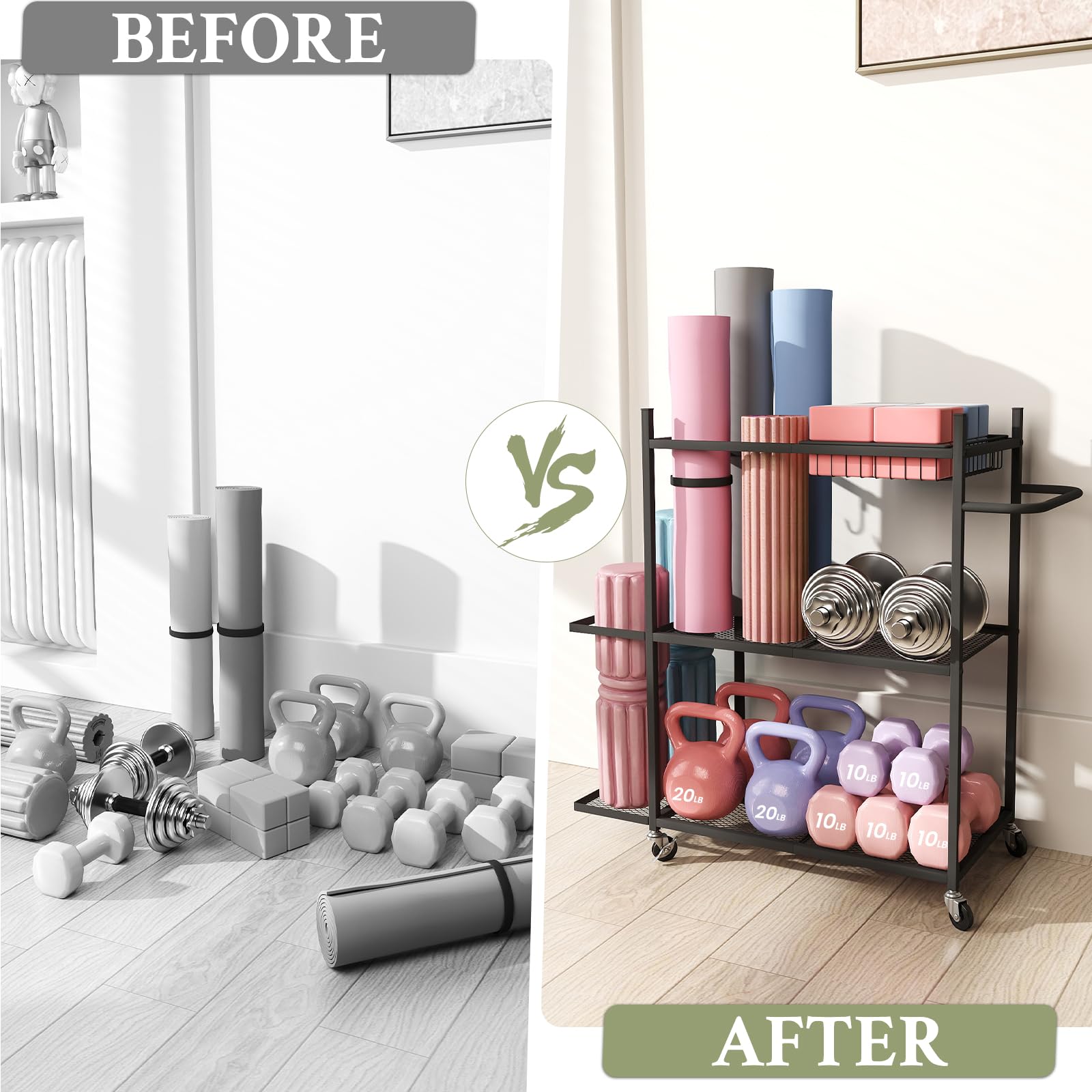 Premium Yoga Mat Storage Rack - Heavy Duty Home Gym Organizer for Dumbbells, Kettlebells & Workout Equipment with Removable Hooks - Space Saving Yoga Mat Holder for Easy Mobility - Perfect for Home Gym, Yoga Studio & Fitness Room Organization