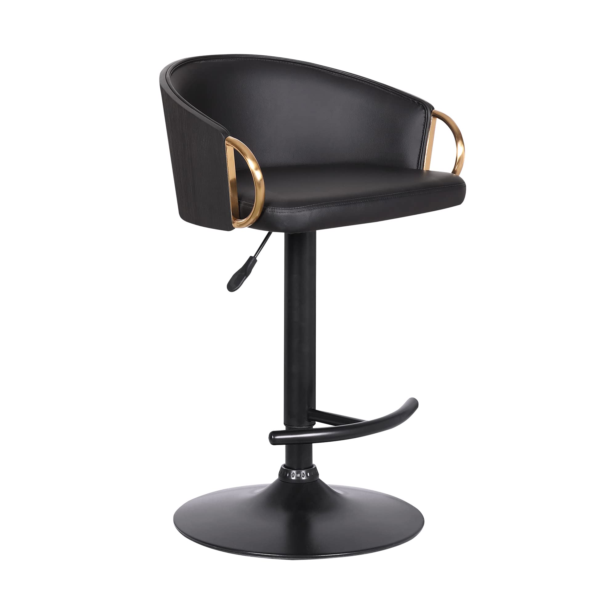 Armen Living Solstice Adjustable Black Faux Leather Swivel Bar Stool with Black Powder Coated Metal Base & Gold Accents - Perfect for Kitchen Islands, Home Bars & Modern Dining Areas