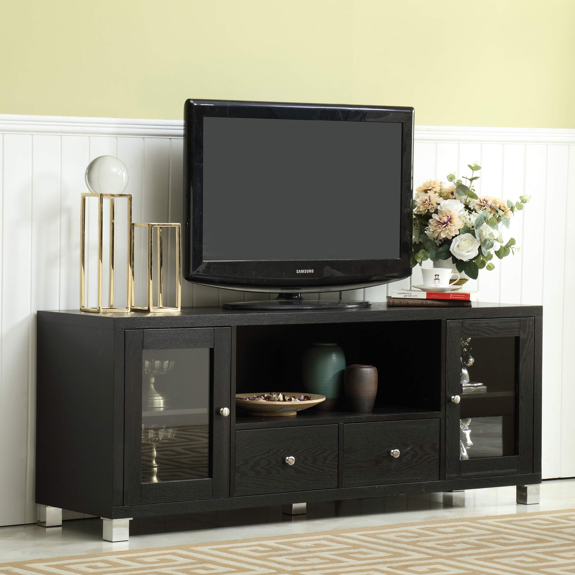 Mixcept 58 Inch Modern Black Wooden TV Stand Entertainment Center with 2 Doors & 3 Drawers - Sturdy Media Console Cabinet for Living Room, Home Theater - Perfect for Storing TV, Gaming Consoles & Streaming Devices