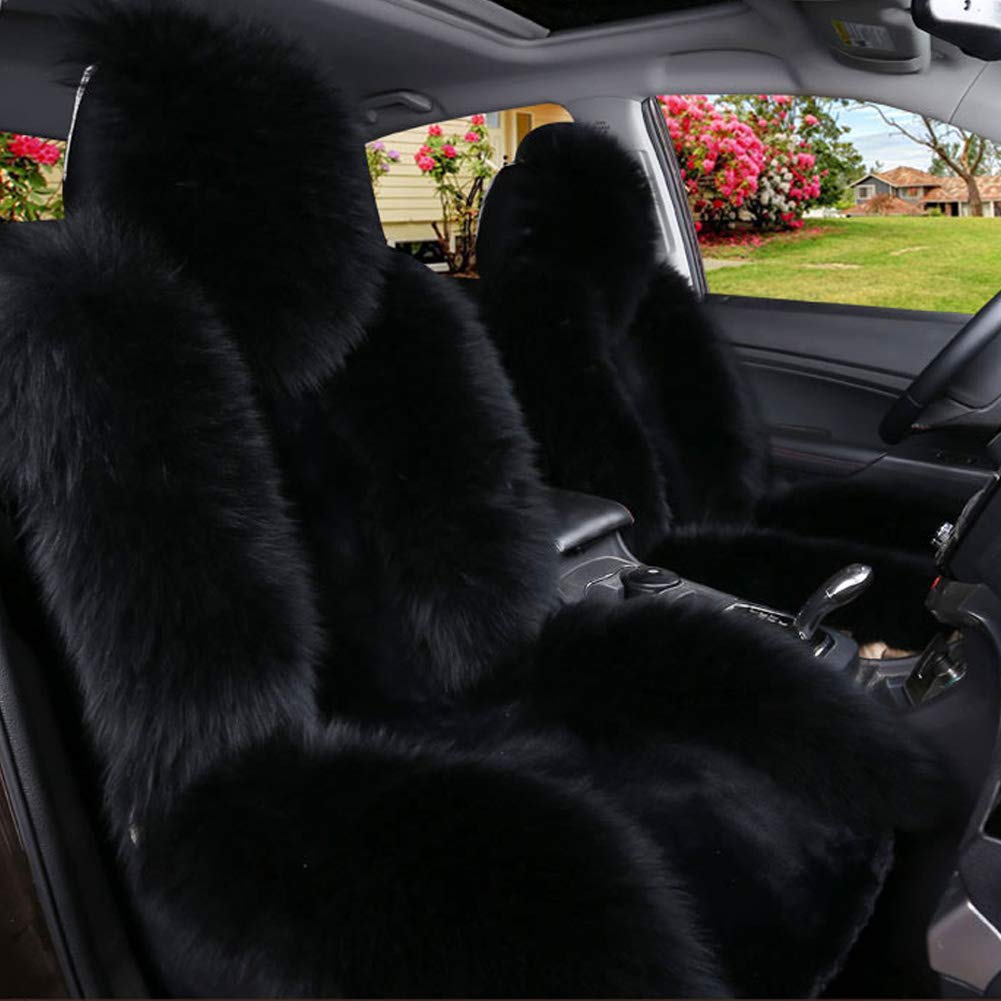 1Pack Genuine Australian Sheepskin Seat Cushion Cover - Winter Warm Luxury Long Wool Car Seat Protector - Universal Fit for Front Seats (Pure Black) - Perfect for Cold Weather Commuting & Long Road Trips
