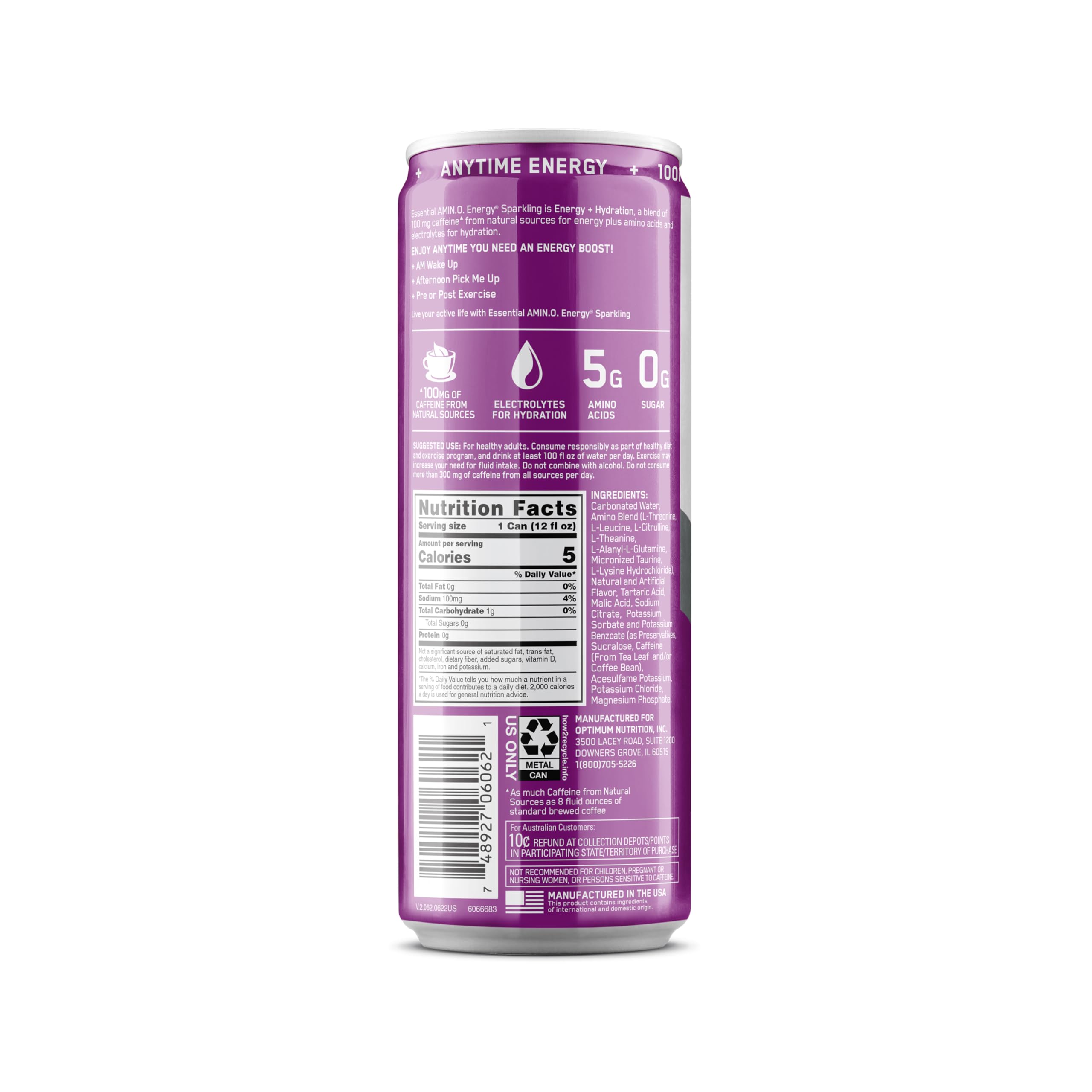 Optimum Nutrition Amino Energy Sparkling Hydration Drink with Electrolytes, Caffeine & BCAAs - Sugar Free Grape Flavor, 12 Fl Oz (12 Pack) | Pre-Workout Boost, Post-Workout Recovery & Daily Hydration Support