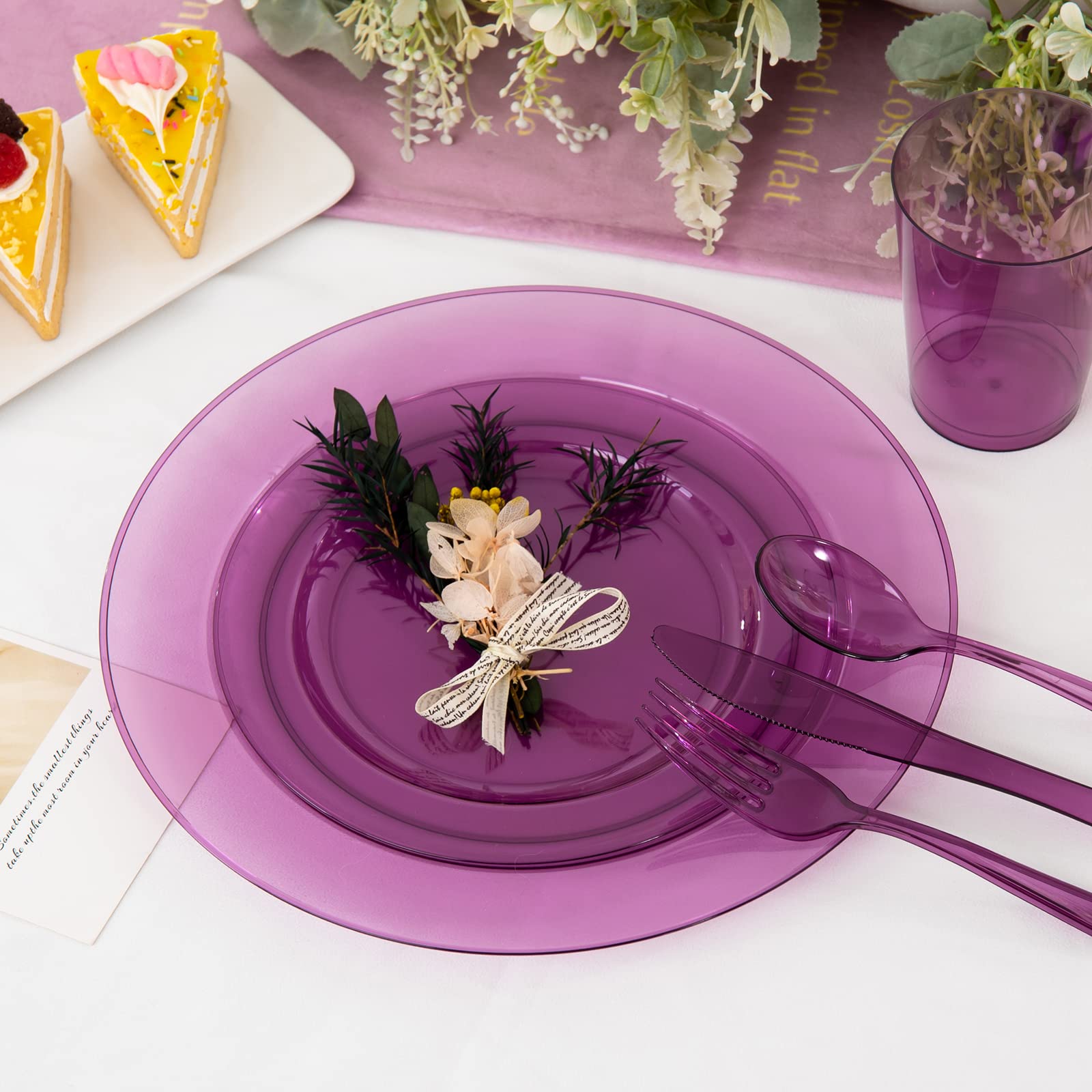 25-Piece Pink & Purple Disposable Plastic Dinnerware Set - Plates, Cups & Silverware for Parties, BBQs, Birthdays & Events - Neon Clear Plastic Tableware for 25 Guests