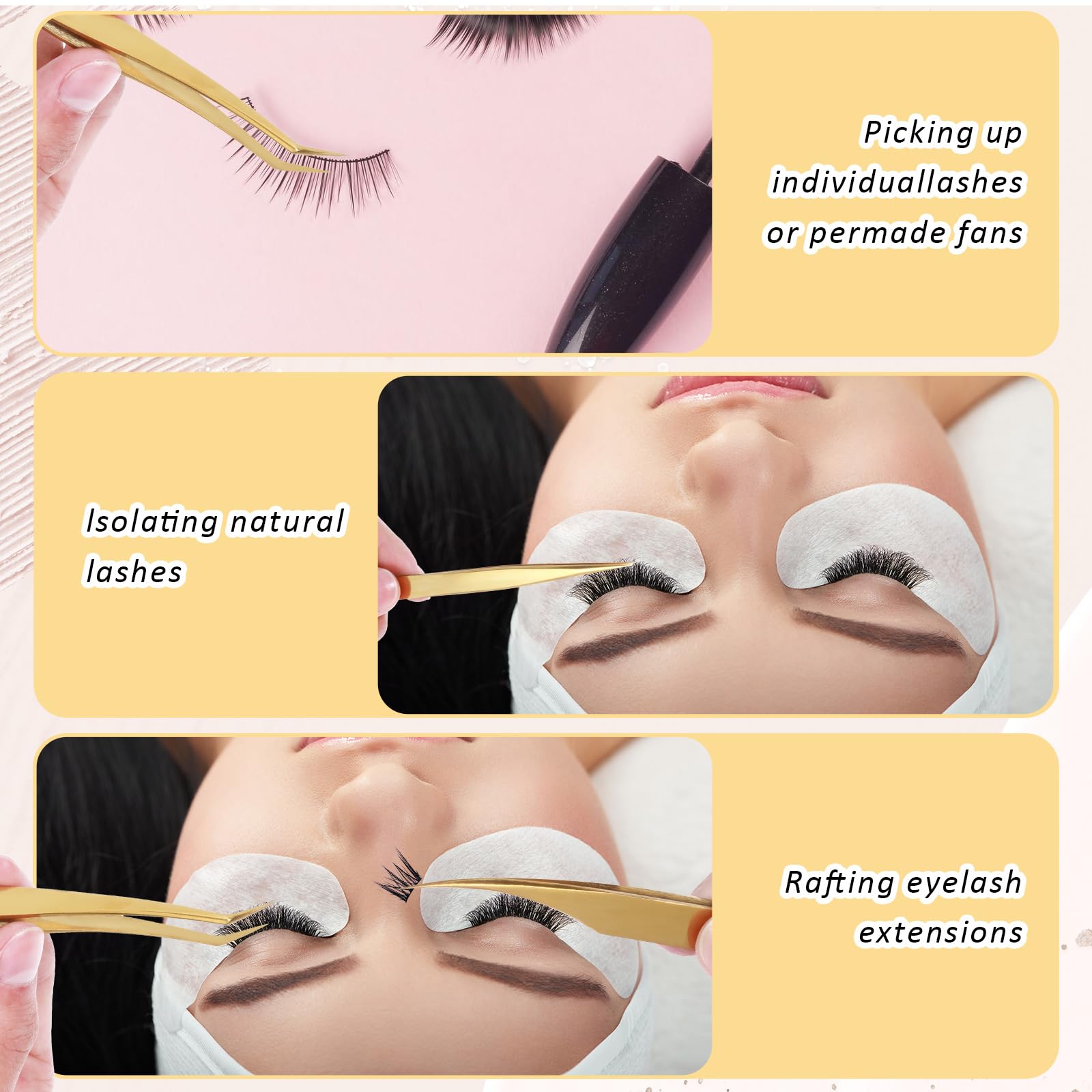 Professional Eyelash Extension Tweezers Set - 3 Stainless Steel Lash Tweezers (Straight & Curved) for Precise Application - Perfect for Salon & Home Use - Gold Finish Beauty Tools