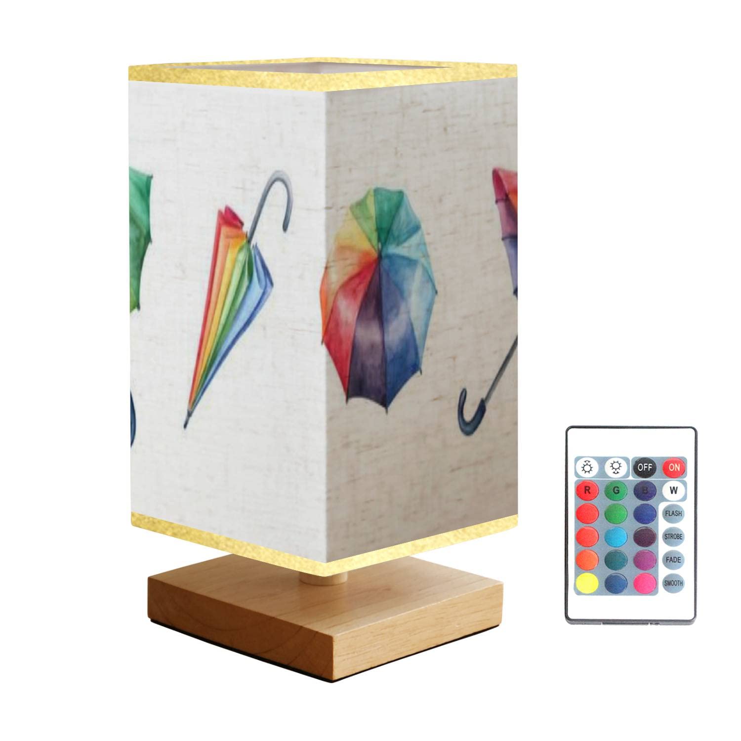 Square Bedside Table Lamp with Watercolor Umbrella Painting - Wooden Base & Flaxen Fabric Shade, Dimmable Nightstand Lamp for Bedroom, Living Room, Office | Perfect for Reading, Relaxing & Home Decor