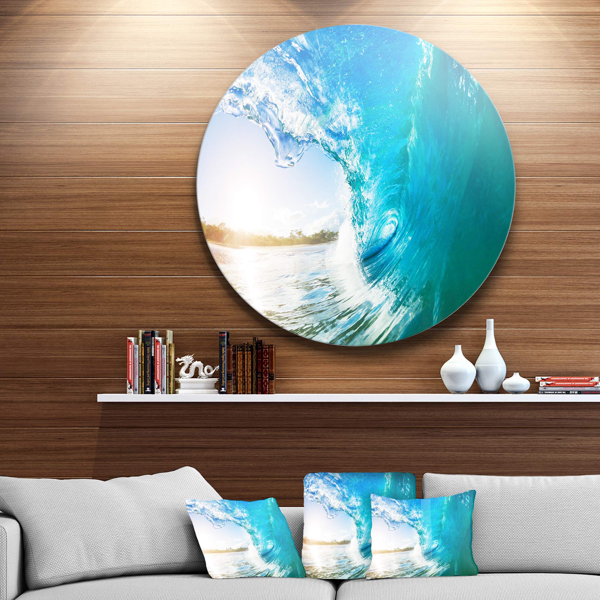 DesignArt Blue Waves Arch Round Metal Wall Art - Seascape Photography Disc for Living Room, Bedroom & Office Decor