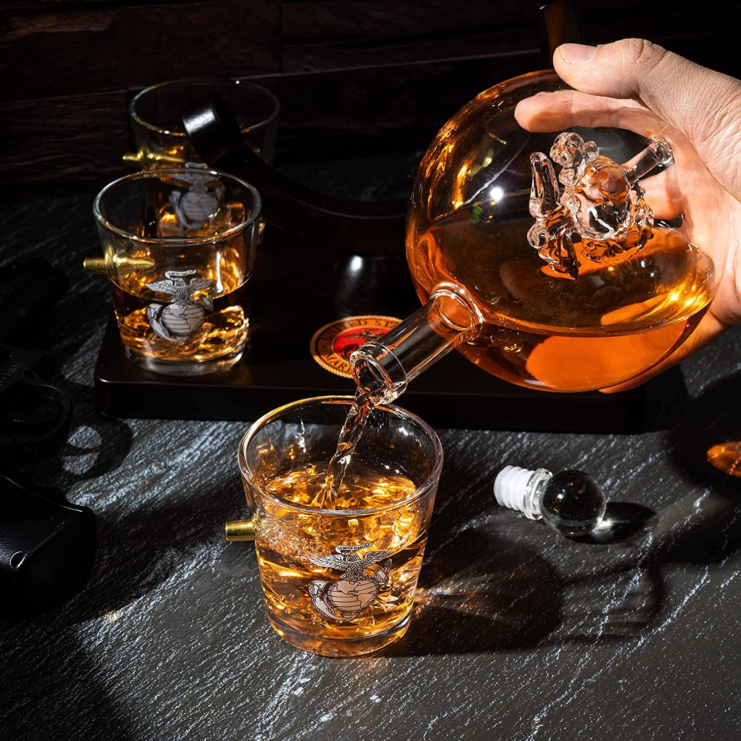 Premium U.S. Marine Globe Whiskey Decanter Set with 4 Crystal Glasses - Veteran Gift Box with Mahogany Wood Base & Military Emblem - Bourbon Scotch Decanter for Men, Military Dad Gifts, Patriotic Home Bar Decor (29oz) - Perfect for Veterans Day, Retirement Parties & Man Cave Whiskey Collections