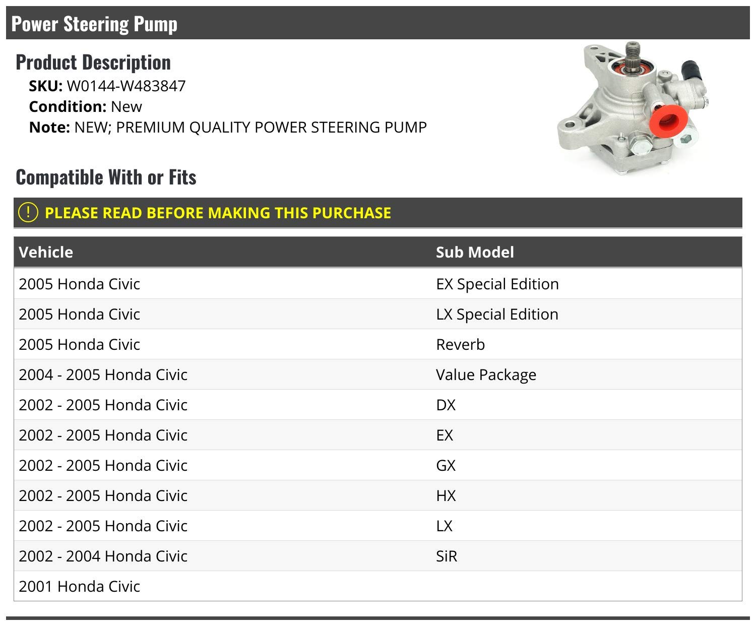 High-Performance Power Steering Pump for 2001-2005 Honda Civic - OEM Replacement Part - Smooth Steering for City Driving & Daily Commutes
