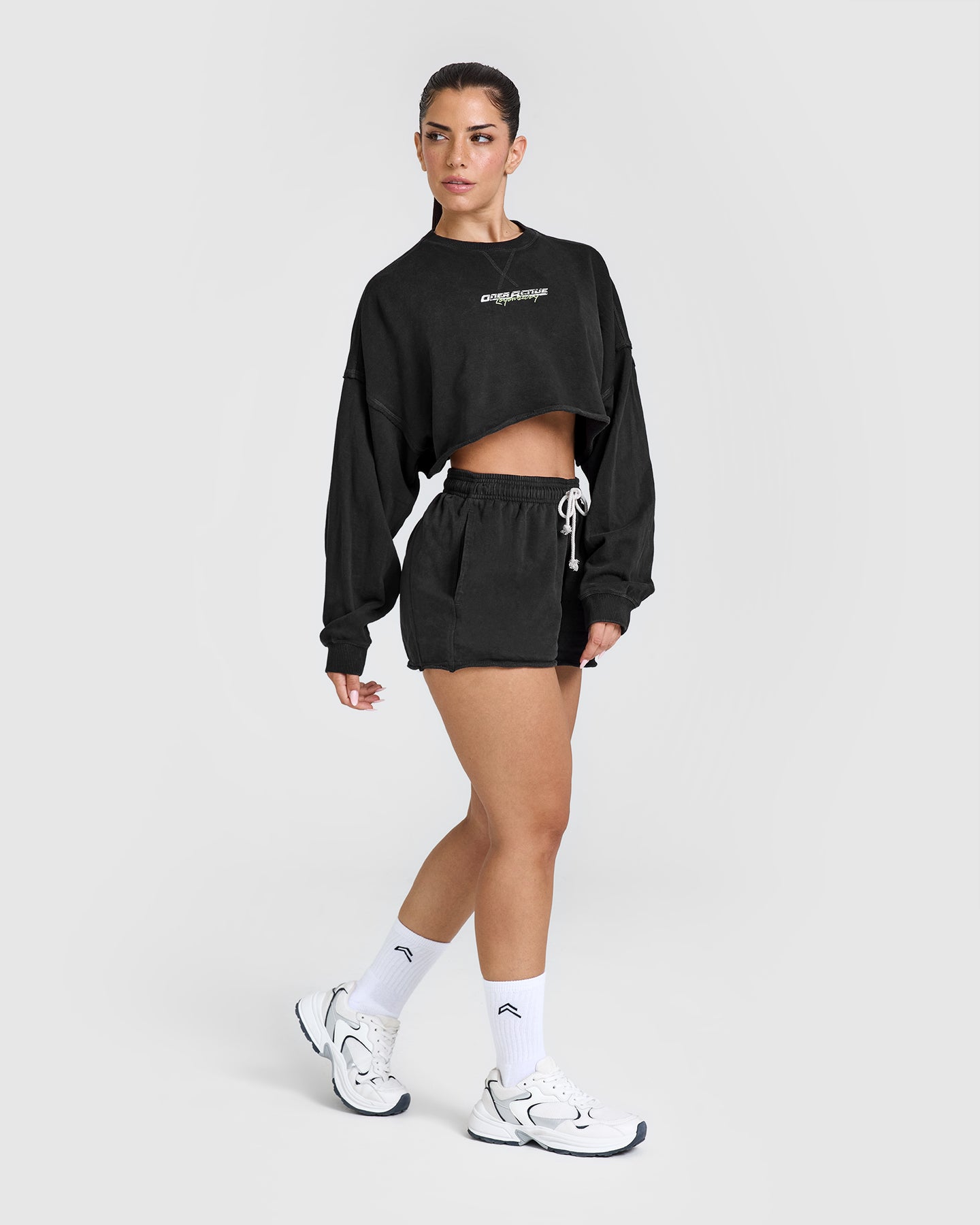 Raw Lounge Crop Sweatshirt with Graphic Print | Washed Black | Casual Streetwear for Women | Perfect for Everyday Wear & Weekend Outings
