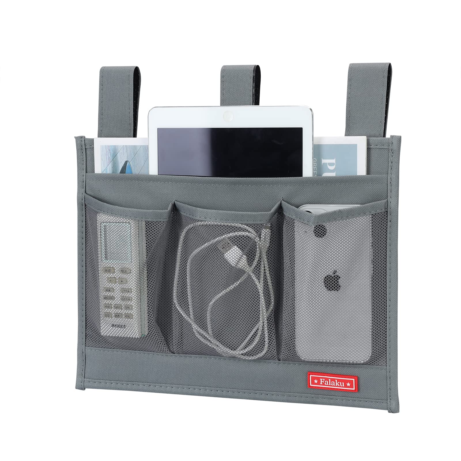 Hanging Bedside Caddy Organizer with 4 Pockets - Grey, Bed Rail Storage for Books, Phone, Glasses & Essentials | Perfect for Small Spaces, Dorm Rooms & Nursing Homes