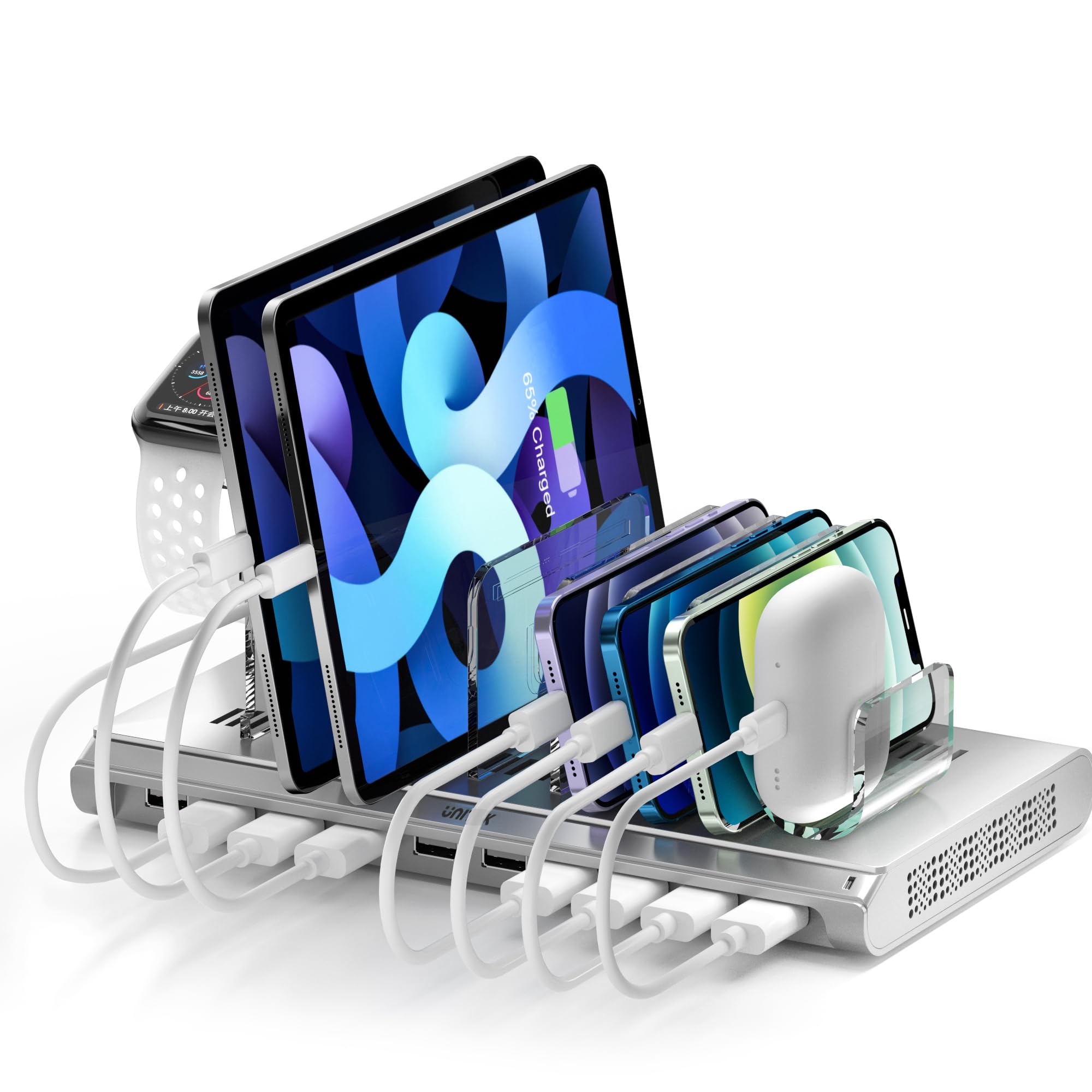Unitek 10-Port USB Charging Station for iPad, iPhone, Android | Fast Multi-Device Charger Dock | Cell Phone Organizer for Home, Office & Travel | Silver