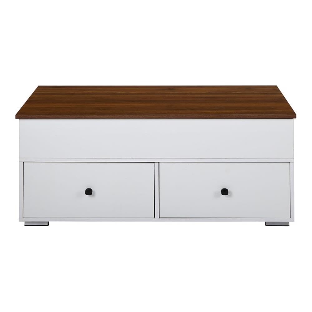 Acme Aafje 2-Drawer Wooden Coffee Table - White & Walnut Finish - Modern Living Room Furniture for Small Spaces, Home Decor, Apartment Essentials