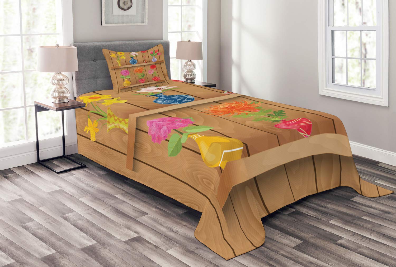 Ambesonne Daffodil 3-Piece Twin Bedspread Set with 2 Pillow Shams - Colorful Floral Design with Pastel Effects on Wooden Shelves - Soft Decorative Bedding Coverlet for Spring Home Decor | Perfect for Guest Rooms, Dormitories & Cozy Bedroom Makeovers