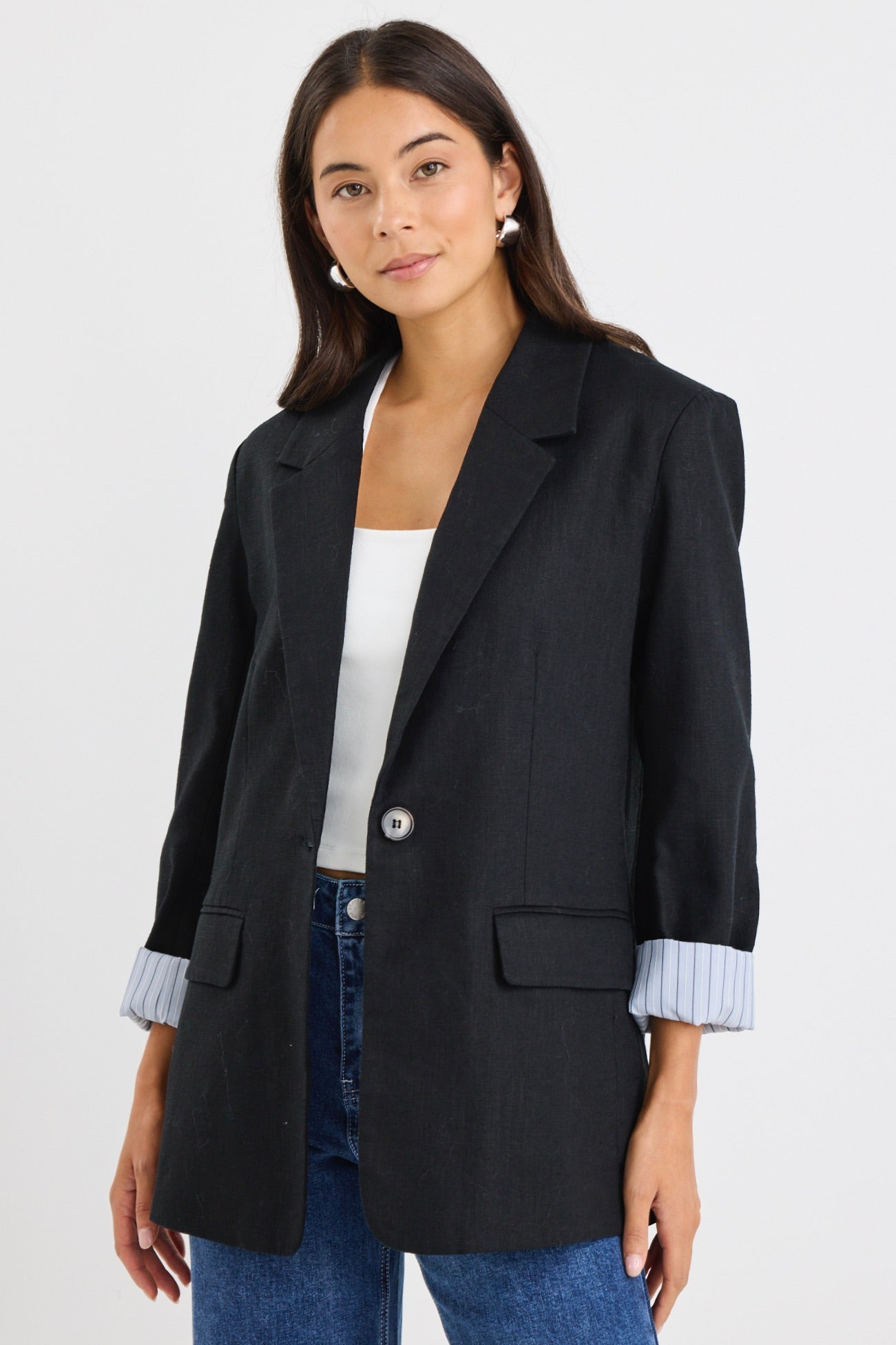 Stylish Black Ramie Rolled Sleeve Blazer for Women - Lightweight Summer Office Jacket - Perfect for Business Casual, Workwear & Formal Occasions