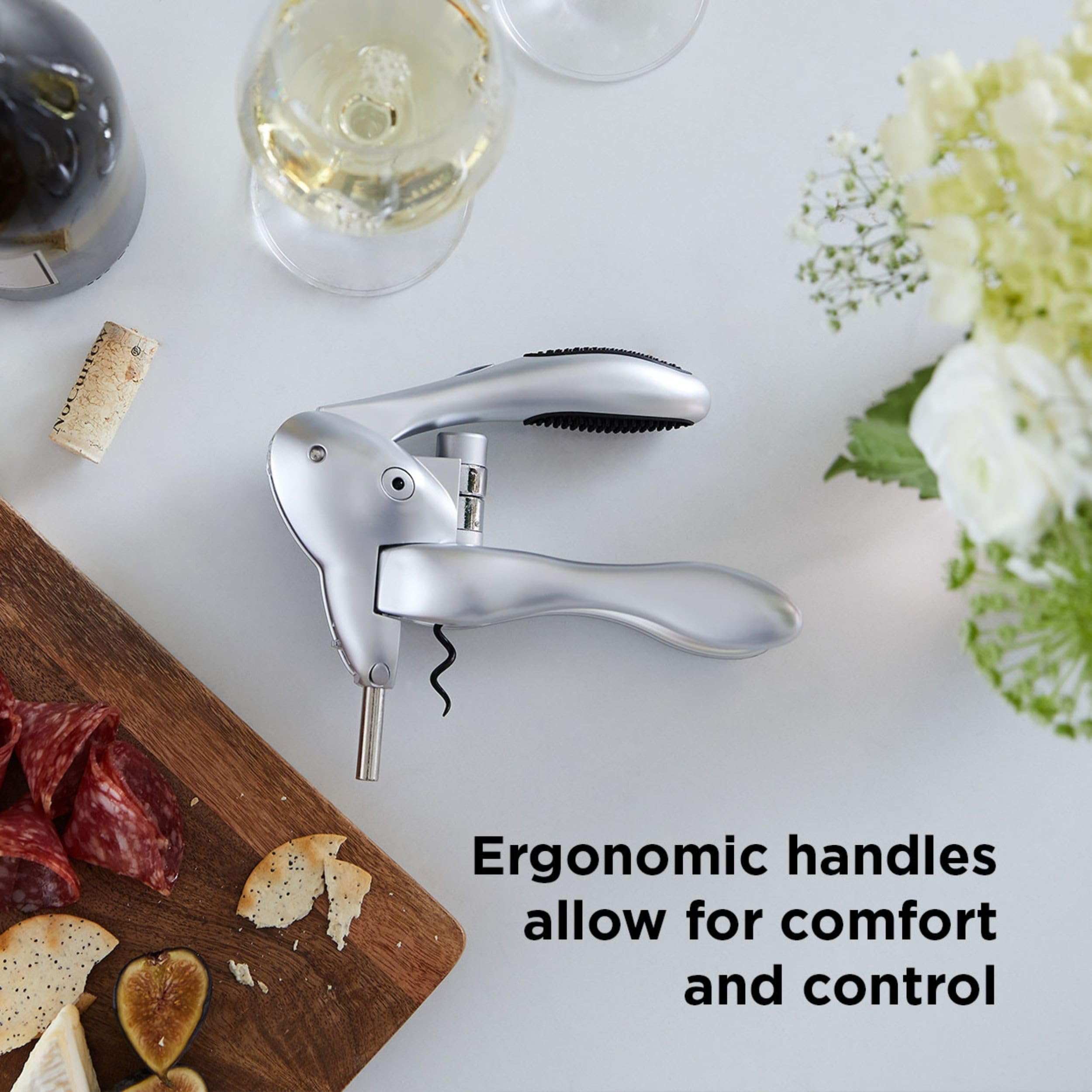 Premium Rabbit Original Lever Corkscrew Wine Opener with Built-in Foil Cutter & Extra Spiral - Silver | Perfect for Home Bars, Wine Tastings & Gifts for Wine Lovers